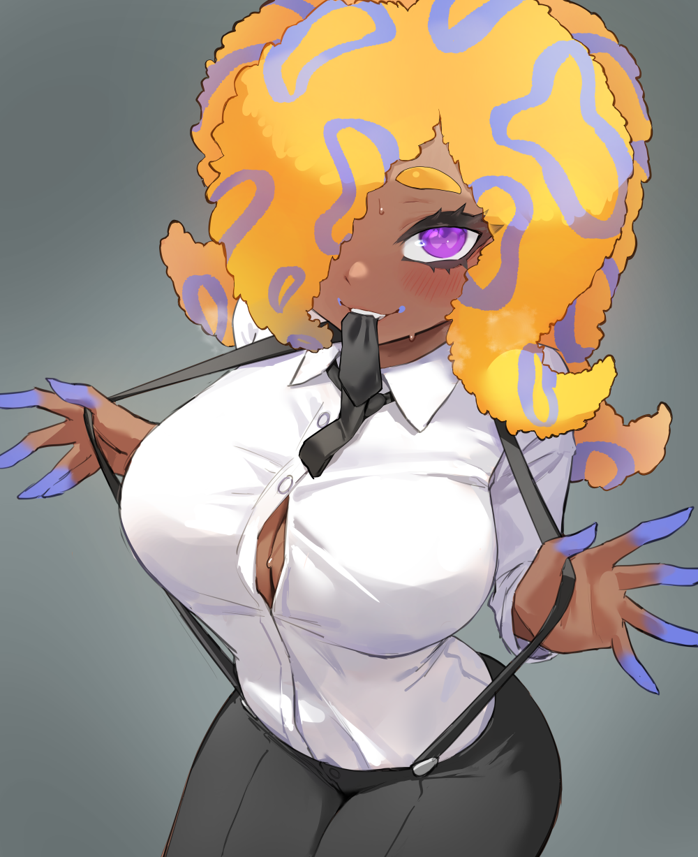 1girl black_necktie black_pants blue_hair breasts button_gap cleavage dark-skinned_female dark_skin gradient_background grey_background hair_over_one_eye highres jtveemo large_breasts looking_at_viewer mouth_hold multicolored_hair necktie necktie_in_mouth nintendo octoling orange_hair pants purple_eyes shirt solo splatoon_(series) suspenders sweat sweatdrop tao_blu thick_eyebrows two-tone_hair white_shirt