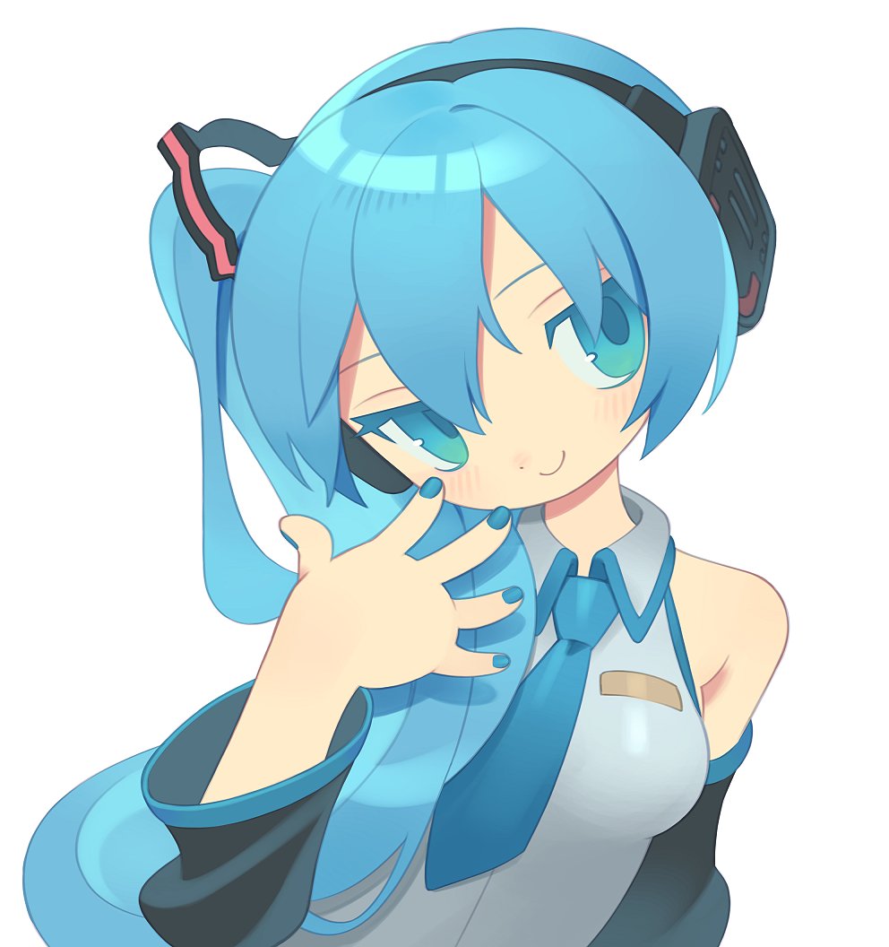 1girl alternate_hairstyle aqua_eyes black_sleeves blue_hair blue_nails blue_necktie blue_trim breasts c: closed_mouth collared_shirt detached_sleeves dot_nose gradient_eyes grey_shirt hair_between_eyes hair_over_shoulder hand_up hatsune_miku hatsune_miku_(noodle_stopper) head_tilt headphones leaning_to_the_side light_blue_hair light_smile long_hair looking_to_the_side meme multicolored_eyes myunazzang necktie open_hand shadow shirt side_ponytail sidetail_miku_noodle_stopper_(meme) sideways_glance sideways_mouth simple_background sleeveless sleeveless_shirt small_breasts smile solo tachi-e upper_body very_long_hair vocaloid white_background wing_collar