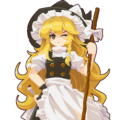 apron black_gloves black_skirt black_vest blonde_hair bow breasts broom buttons closed_eyes edz_drawz fingerless_gloves gloves hand_on_own_hip hat holding holding_broom kirisame_marisa long_hair lowres medium_breasts shirt skirt touhou transparent_background vest white_apron white_bow white_shirt witch witch_hat yellow_eyes
