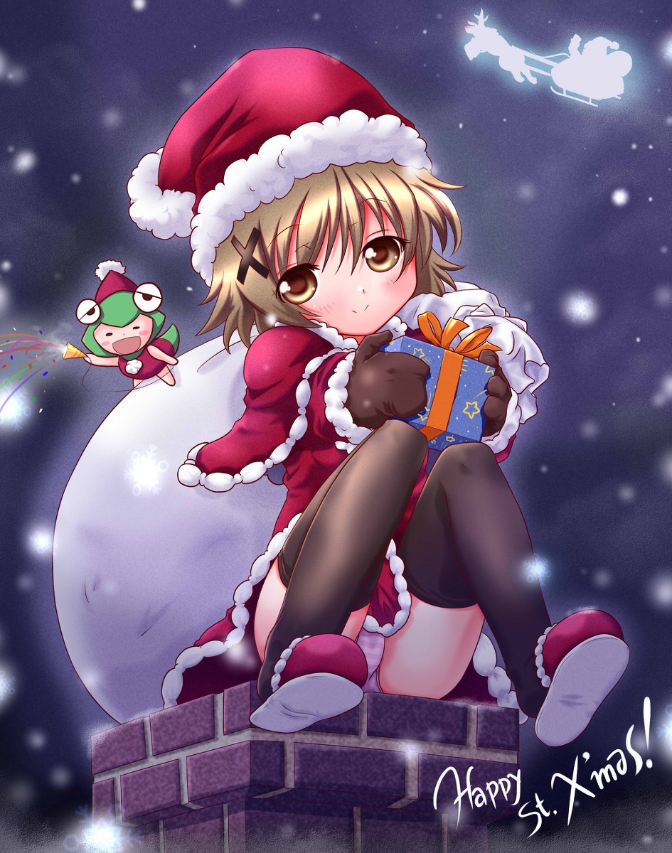 ! 1boy 1girl 1other black_thighhighs blush blush_stickers brown_eyes brown_hair chimney christmas closed_mouth confetti dot_nose english_text gloves hair_ornament hat hidamari_sketch highres holding long_sleeves looking_at_viewer merry_christmas night panties party_popper pink_panties pink_striped_panties reindeer rudolph_the_red_nosed_reindeer santa_claus santa_hat santa_sack short_hair slippers snow snowing striped_clothes striped_panties thighhighs ume-sensei underwear x_hair_ornament yuno_(hidamari_sketch)