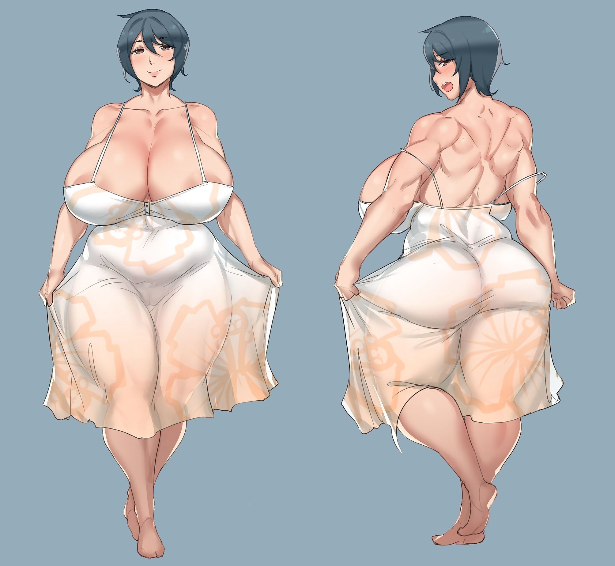 1girl areola_slip ass backboob blue_hair blush breasts brown_eyes cleavage cleft_of_venus curvy dres feet full_body highres huge_breasts looking_at_viewer looking_back natedecock natsumi_(natedecock) no_bra short_hair simple_background solo standing wide_hips