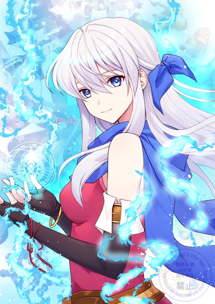 1girl bangle bare_shoulders black_gloves blue_fire blue_scarf bracelet dress elbow_gloves fingerless_gloves fire fire_emblem fire_emblem:_radiant_dawn fire_emblem_engage gloves glowing glowing_eyes grey_hair hair_ribbon half_updo jewelry long_hair looking_at_viewer looking_to_the_side micaiah_(emblem)_(fire_emblem) micaiah_(fire_emblem) nintendo ribbon scarf side_slit simple_background sleeveless sleeveless_dress smile solo sylphy_fe twitter_username