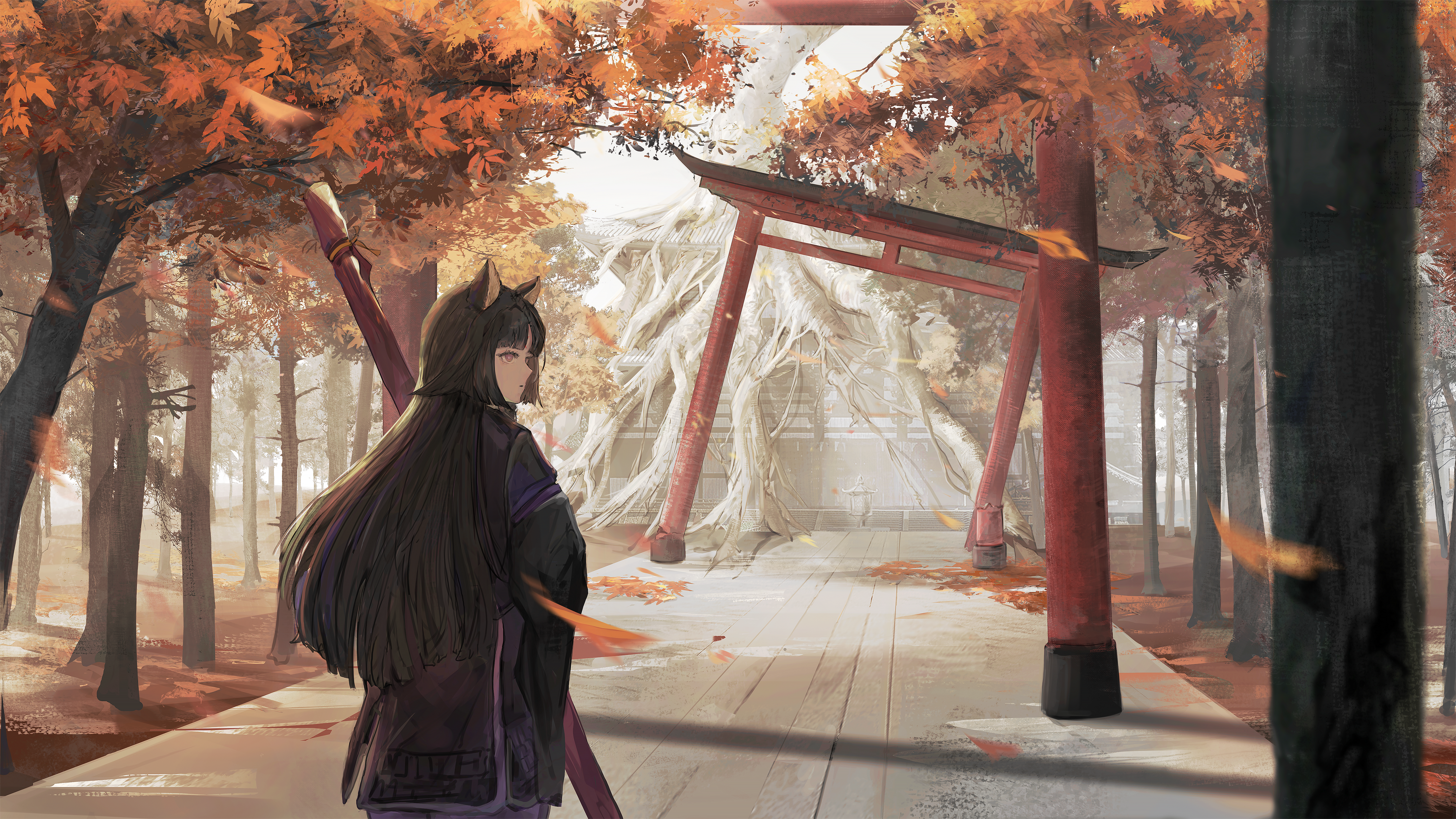 1girl absurdres animal_ears arknights autumn_leaves black_hair brown_eyes building closed_mouth commentary_request day dog_ears falling_leaves from_behind highres japanese_clothes kimono leaf long_hair looking_to_the_side nueegochi outdoors purple_kimono saga_(arknights) solo torii tree very_long_hair weapon_bag