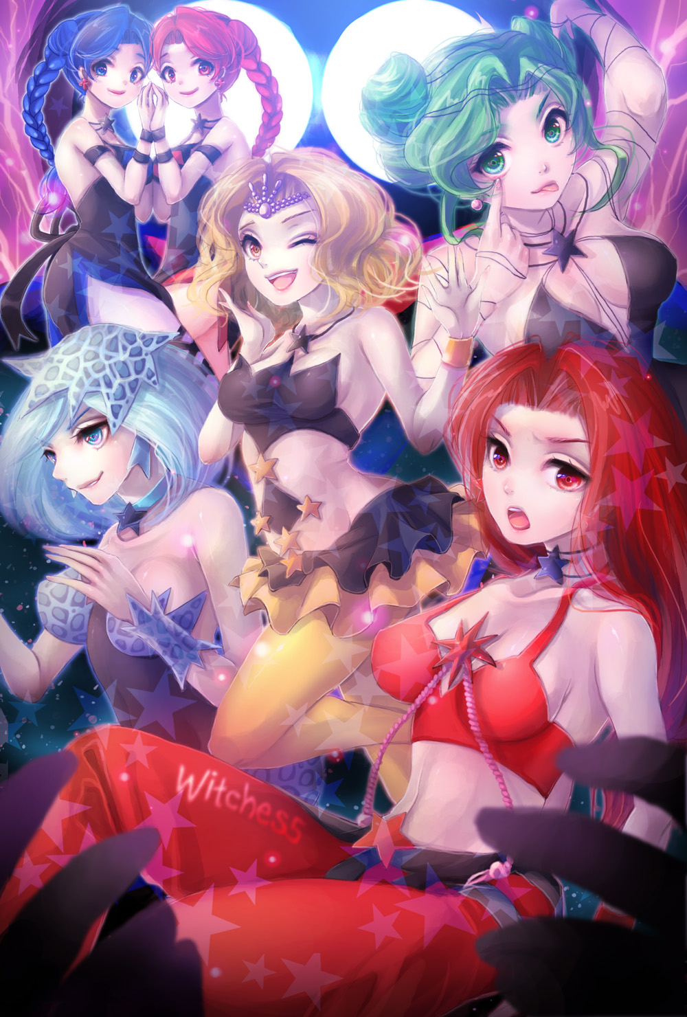 6+girls akanbe bare_shoulders bishoujo_senshi_sailor_moon bishoujo_senshi_sailor_moon_s blonde_hair blue_eyes blue_hair braid breasts choker circlet cleavage crop_top cyprine_(sailor_moon) double_bun eudial_(sailor_moon) eyelid_pull female_focus frilled_skirt frills green_eyes green_hair hair_bun highres jewelry large_breasts medium_breasts mimete_(sailor_moon) multiple_girls murabito_a necklace open_mouth pantyhose ptilol_(sailor_moon) red_eyes red_hair skirt smile star_(symbol) tellu_(sailor_moon) tongue tongue_out twin_braids viluy_(sailor_moon) witches_5 wrist_cuffs yellow_eyes