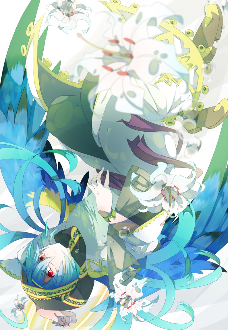 1boy angel archangel_gabriel_(p&amp;d) blue_hair ebony_nightmare flower gabriel_(p&amp;d) glasses hood long_hair male_focus puzzle_&amp;_dragons red_eyes solo wings