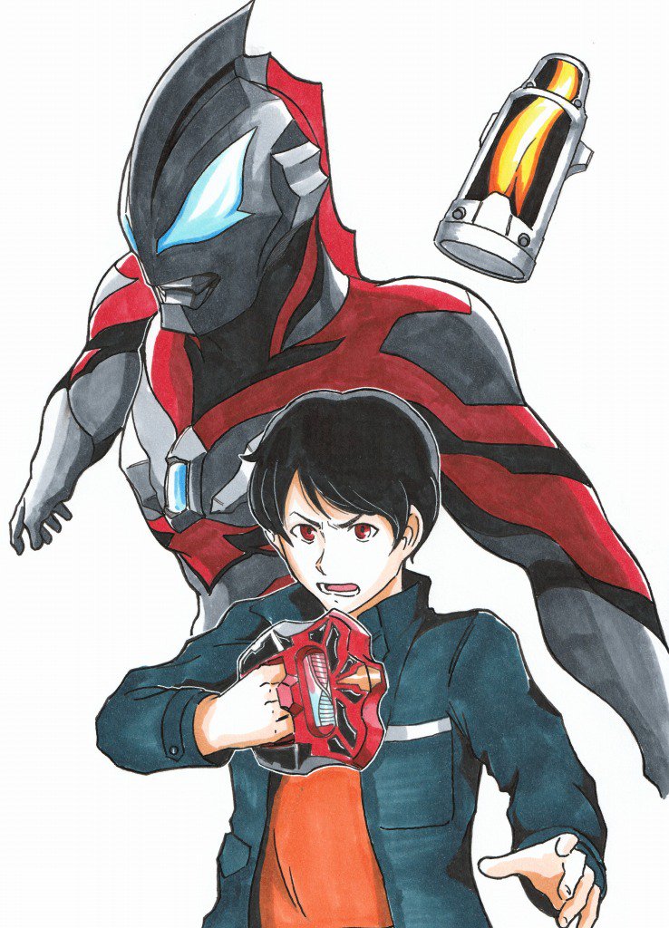 2boys alien angry asakura_riku black_hair black_jacket black_skin blue_eyes color_timer colored_skin commentary_request dokuroman dual_persona geed_riser holding jacket looking_ahead male_focus multicolored_skin multiple_boys no_pupils open_mouth orange_shirt popped_collar red_eyes red_skin shirt silver_skin simple_background tokusatsu ultra_capsule ultra_series ultraman_geed ultraman_geed_(series) v-shaped_eyebrows white_background