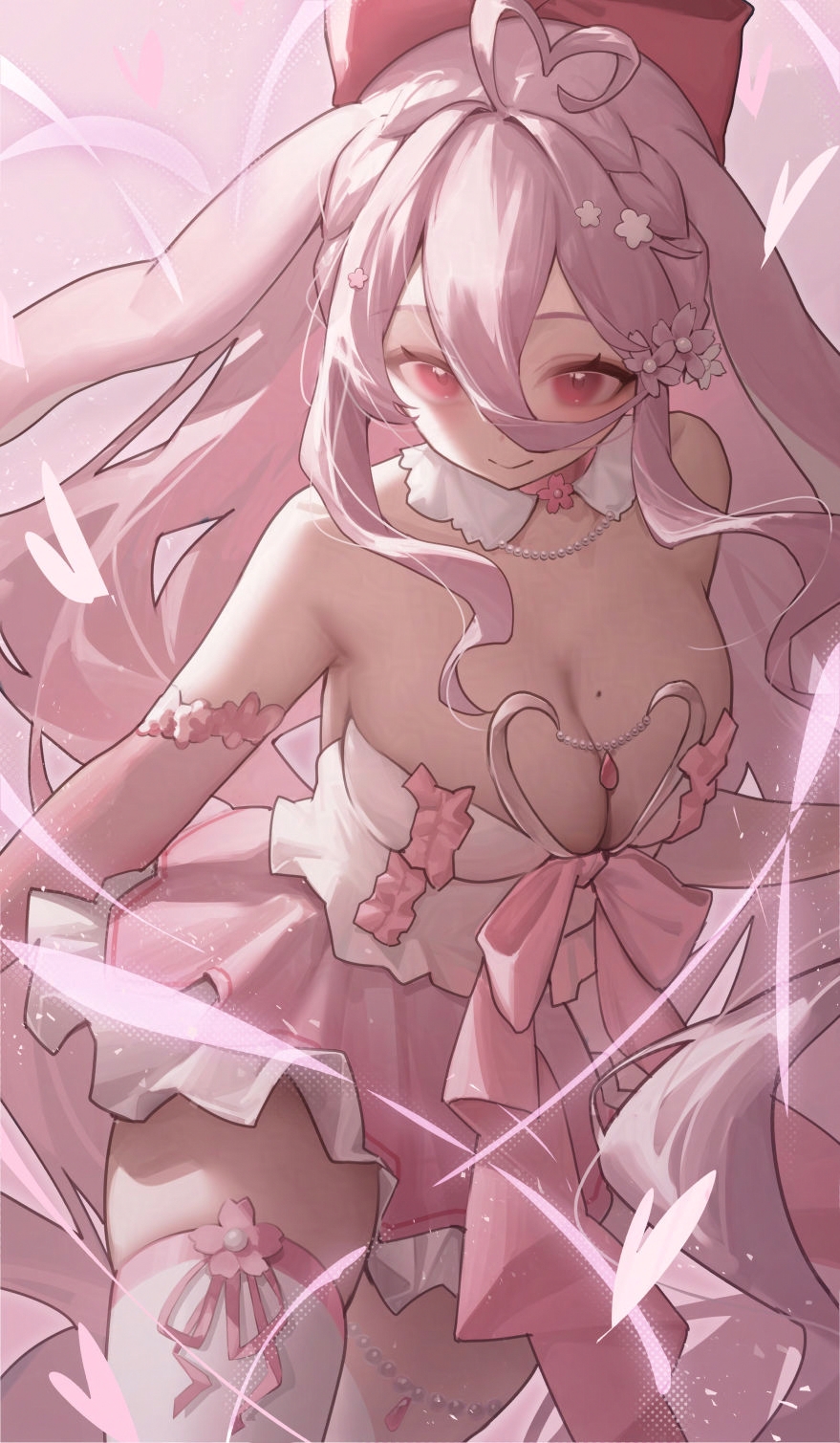 1girl ahoge animal_ears bare_shoulders breasts choker cleavage closed_mouth collar commission cowboy_shot dress flower gem hair_between_eyes hair_flower hair_ornament heart heart_ahoge highres indie_virtual_youtuber jewelry large_breasts light_smile long_hair looking_at_viewer magical_girl metatarou mole mole_on_breast multicolored_dress multicolored_thighhighs pink_background pink_choker pink_dress pink_flower pink_hair pink_ribbon pink_thighhighs rabbit_ears rabbit_girl red_eyes red_gemstone ribbon sakurah_(vtuber) simple_background skeb_commission sleeveless sleeveless_dress thighhighs thighs white_collar white_dress white_thighhighs