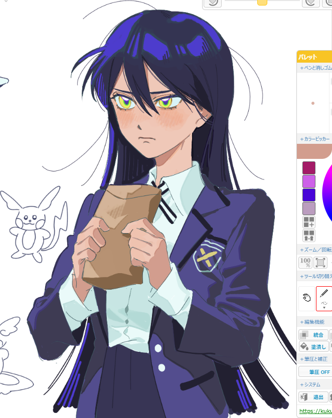 1girl art_program_in_frame blush collared_shirt crossover doodle_inset gen_1_pokemon gundam gundam_gquuuuuux holding jacket kamonekm long_hair nintendo nyaan_(gundam_gquuuuuux) pokemon purple_hair raichu school_uniform shirt solo white_background white_shirt yellow_eyes