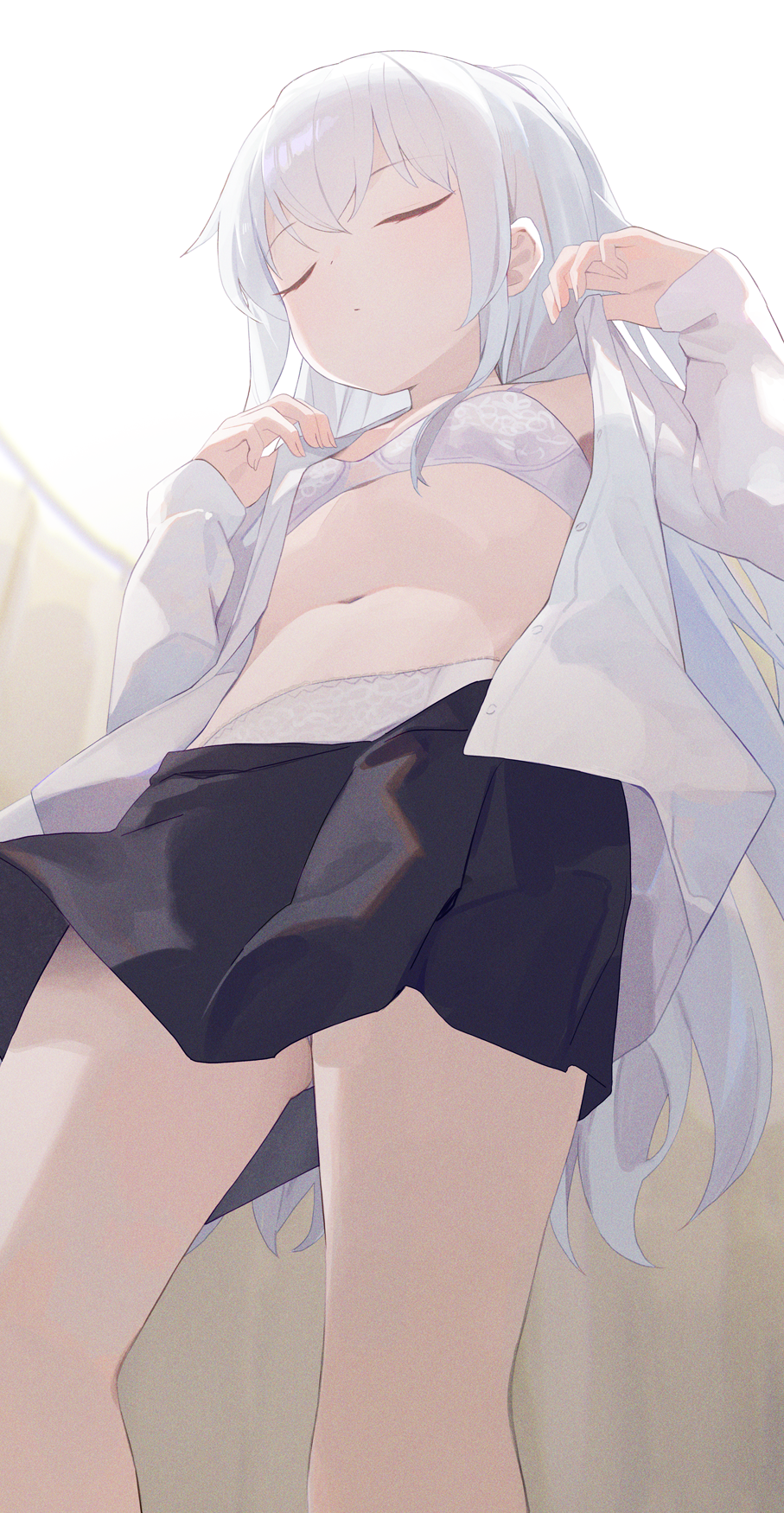 1girl angel_beats! bare_legs belly black_skirt bra closed_eyes commentary_request flat_chest highres hiroki_(yyqw7151) long_hair navel open_clothes open_shirt panties shirt skirt solo standing tenshi_(angel_beats!) underwear white_bra white_hair white_panties white_shirt