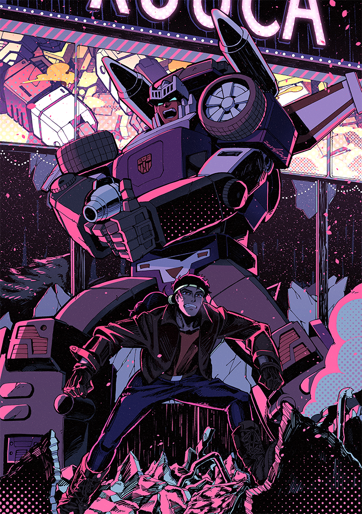1980s_(style) 3boys autobot ballpoint_pen_(medium) battle blaster_(transformers) blue_eyes borezet cannon full_body glowing gun hair_ornament handgun holding holding_weapon insignia looking_at_viewer male_focus mecha multiple_boys oldschool open_mouth pen_(medium) raul_(transformers) retro_artstyle robot tracks_(transformers) traditional_media transformers weapon