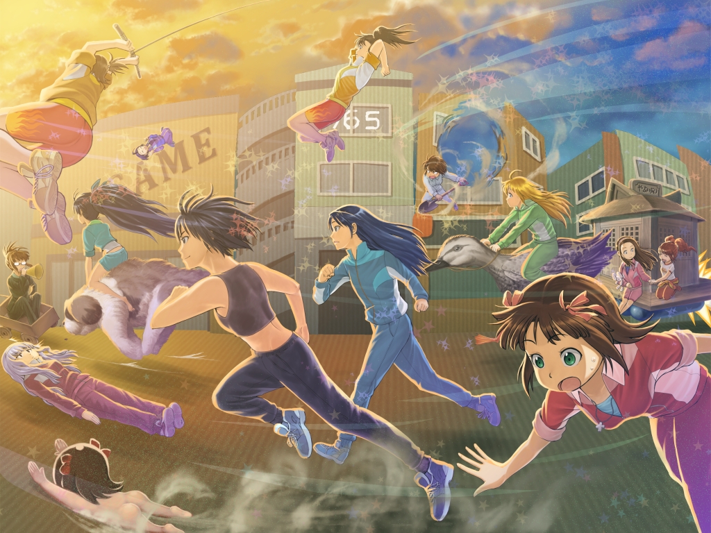 6+girls akizuki_ritsuko amami_haruka animal arms_up ass bird box chiaki_rakutarou dog floating futami_ami futami_mami ganaha_hibiki hagiwara_yukiho hang_gliding hole idolmaster idolmaster_(classic) inumi jumping kikuchi_makoto kisaragi_chihaya lying minase_iori miura_azusa multiple_girls nonowa on_back on_stomach ostritch portal_(object) portal_(series) portal_1 racing riding rocket running shijou_takane shovel siblings sisters sitting sleeves_rolled_up sliding sports_bra takatsuki_yayoi track_suit twins upside-down worktool