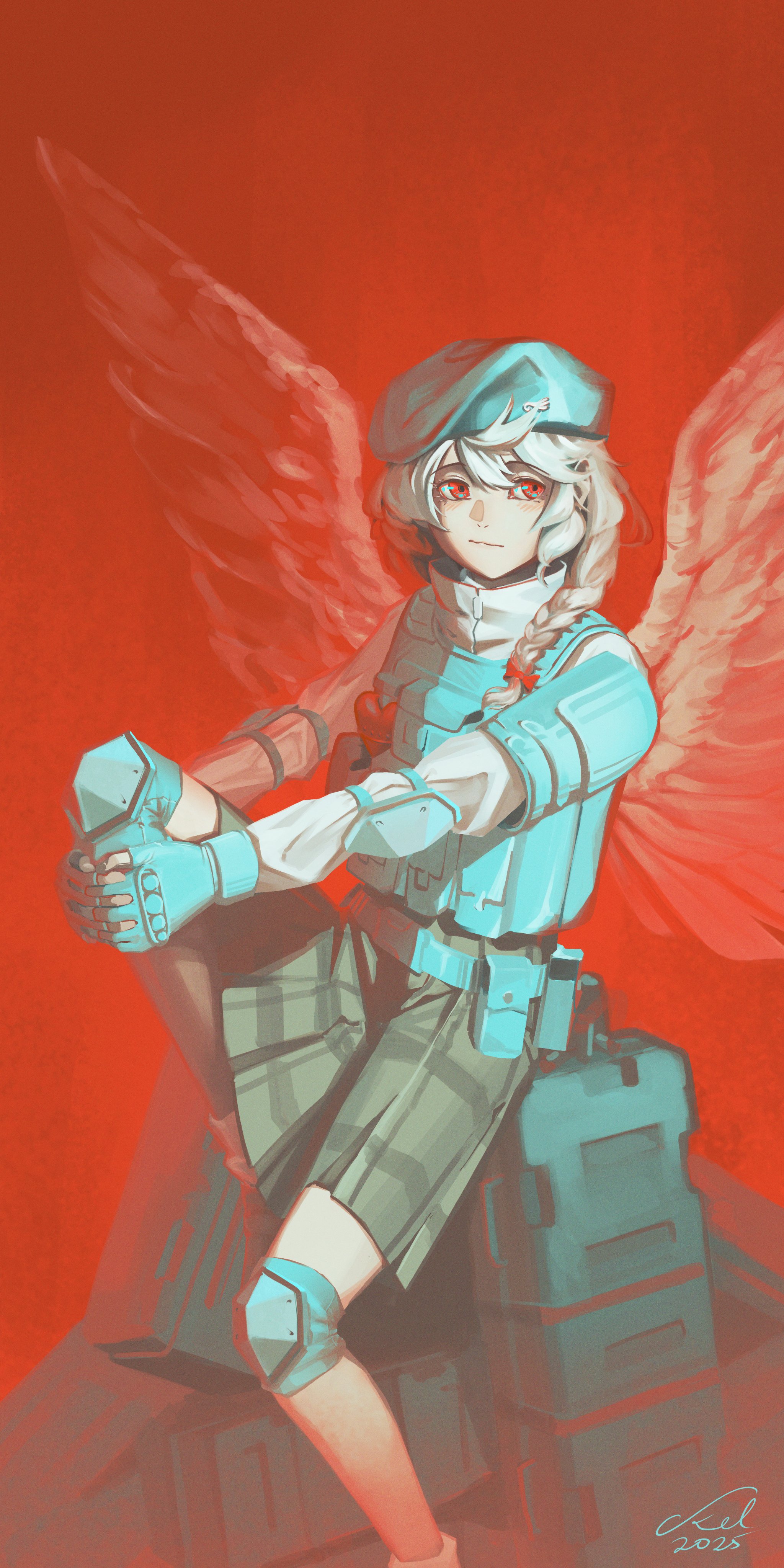 1girl absurdres angel_wings belt beret blue_gloves blue_hat braid dated fingerless_gloves gloves hat high_collar highres kaiharakel kanna_(love-bullet) knee_pads load_bearing_vest long_sleeves love-bullet pleated_skirt red_background red_eyes side_braid signature sitting skirt smile solo utility_belt white_hair wings
