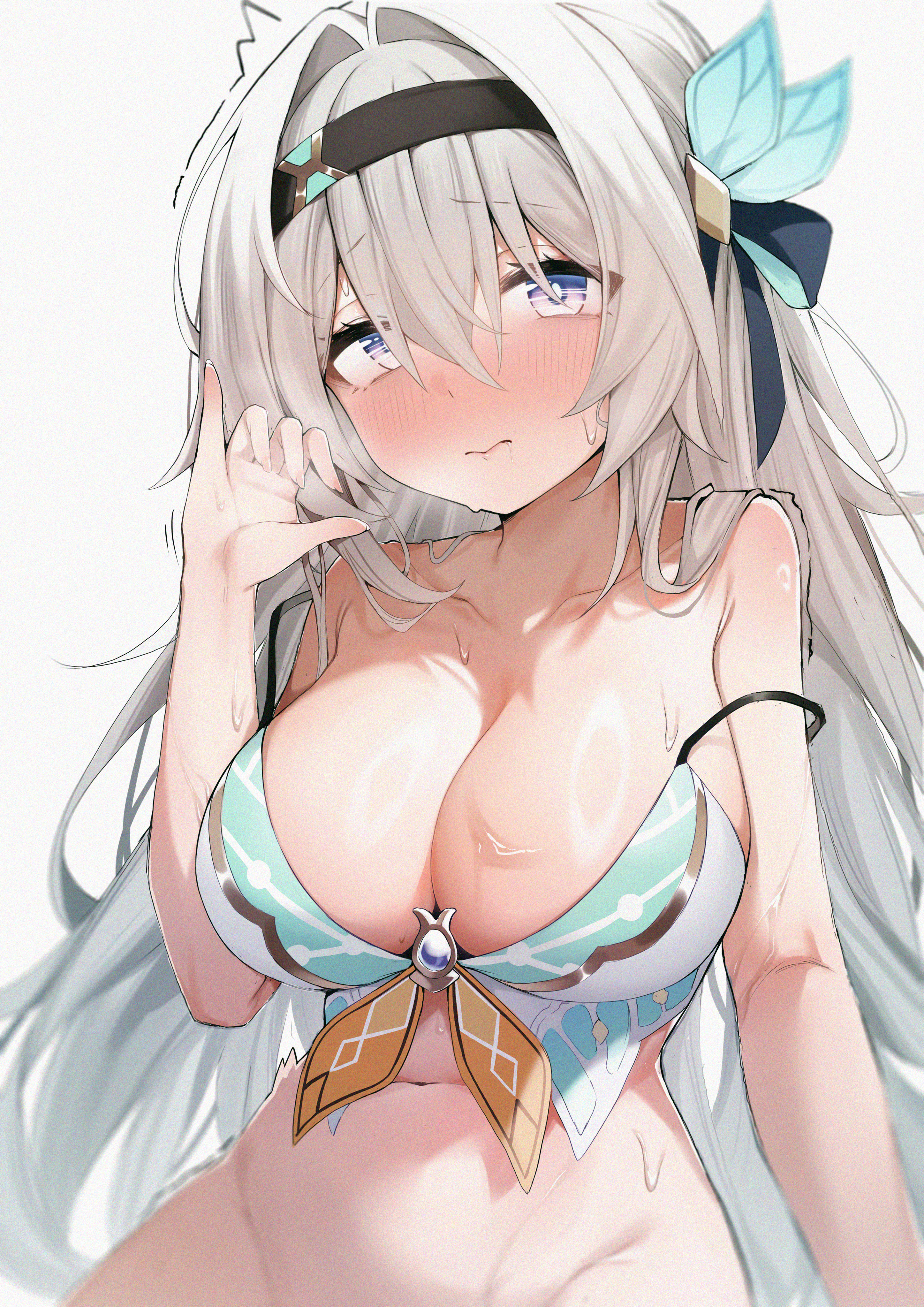 1girl absurdres bare_arms bare_shoulders bikini blush breasts cleavage closed_mouth collarbone firefly_(honkai:_star_rail) furrowed_brow grey_hair hair_between_eyes hairband highres honkai:_star_rail honkai_(series) large_breasts light_brown_hair long_hair looking_at_viewer navel purple_eyes sidelocks solo sweatdrop swimsuit trembling upper_body wendao wet white_bikini