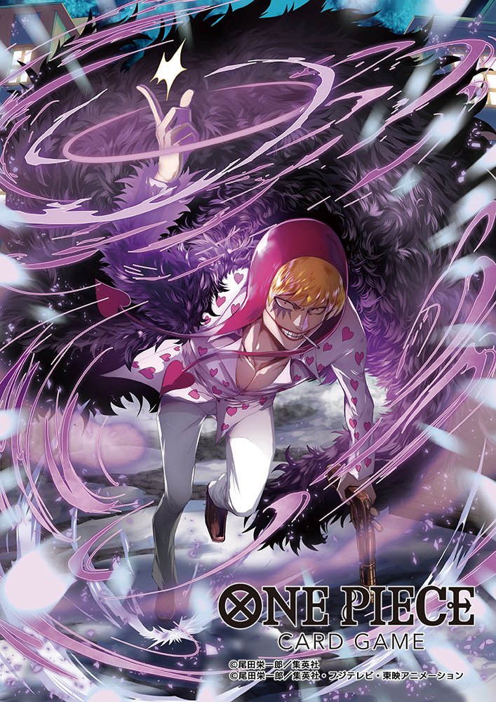 1boy black_coat blonde_hair cigarette coat commentary_request copyright_name donquixote_rocinante feather_coat full_body gun heart heart_print holding holding_gun holding_weapon hood looking_at_viewer makeup male_focus moreshan official_art one_piece one_piece_card_game pants smile smoke solo weapon white_pants