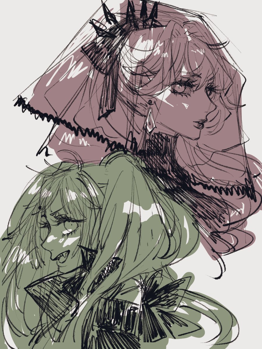 2girls bow dress earrings expressionless fang floating_hair from_side game_no_yumeko grey_background highres jacket jewelry long_hair looking_at_viewer macross macross_delta macross_delta:_zettai_live!!!!!! macross_frontier multiple_girls open_mouth sketch spot_color v-shaped_eyebrows veil very_long_hair yami_ranka yami_sheryl