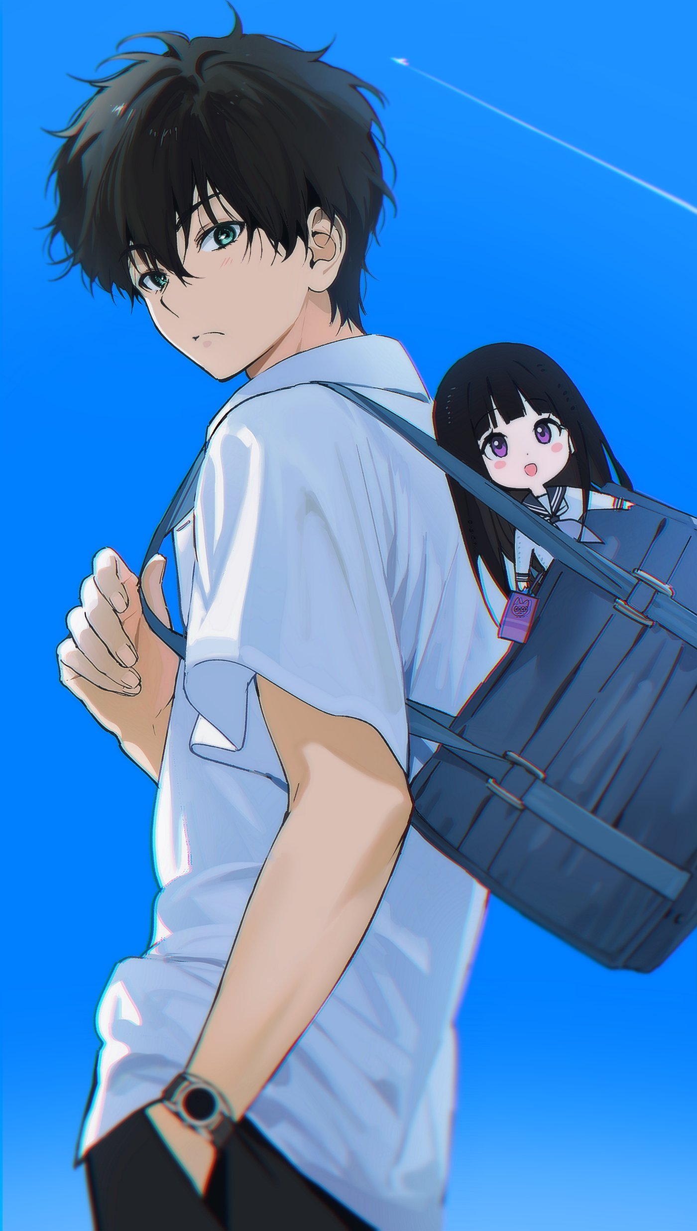 1boy 1girl :d absurdres artist_logo bag black_hair blush brown_hair chibi chitanda_eru green_eyes hand_in_pocket highres hyouka kamiyama_high_school_uniform_(hyouka) logo long_hair looking_at_viewer mery_(yangmalgage) open_mouth oreki_houtarou purple_eyes school_bag school_uniform serafuku shirt short_hair short_sleeves shoulder_bag simple_background smile white_shirt
