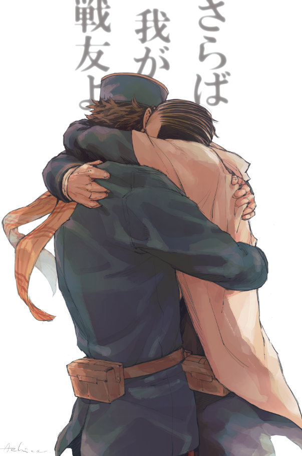 2boys achio888 belt black_hair black_hat brown_belt cloak golden_kamuy hat hug long_sleeves male_focus multiple_boys ogata_hyakunosuke orange_scarf scarf short_hair simple_background sugimoto_saichi translation_request white_background white_cloak yaoi