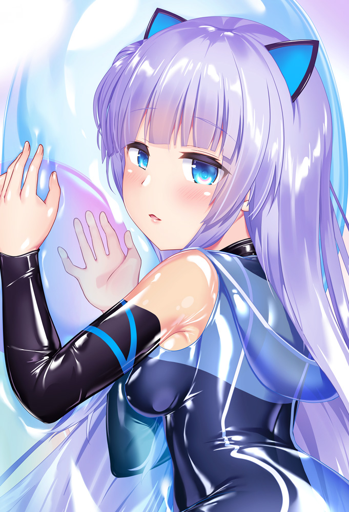 1girl animal_ears black_choker bodysuit cat_ears choker commentary_request dakimakura_(medium) detached_collar dress indie_virtual_youtuber latex latex_bodysuit latex_dress long_hair mitsuki_awano naka_(cheeseyeast) open_mouth see-through_clothes see-through_bodysuit shiny_clothes skin_tight solo virtual_youtuber