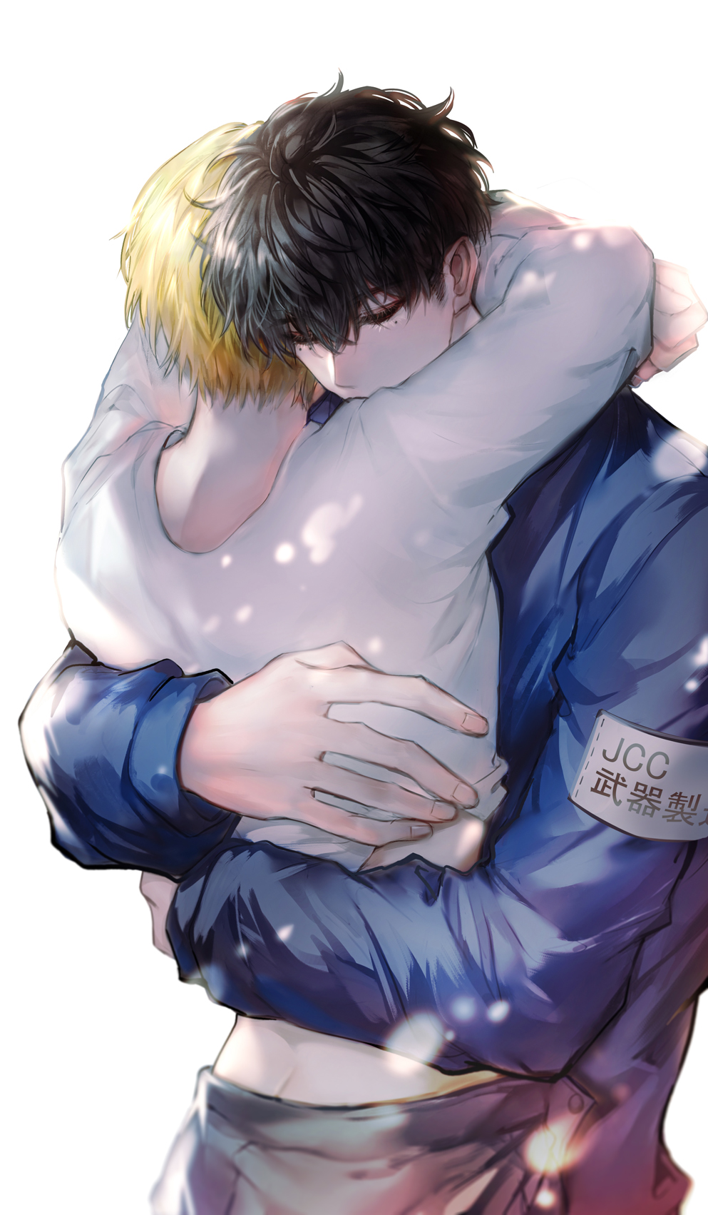 2boys black_hair blonde_hair blue_jacket closed_eyes cranespirit highres hug jacket male_focus mole mole_under_eye multiple_boys sakamoto_days seba_natsuki shin_(sakamoto_days) shirt short_hair white_background white_shirt yaoi
