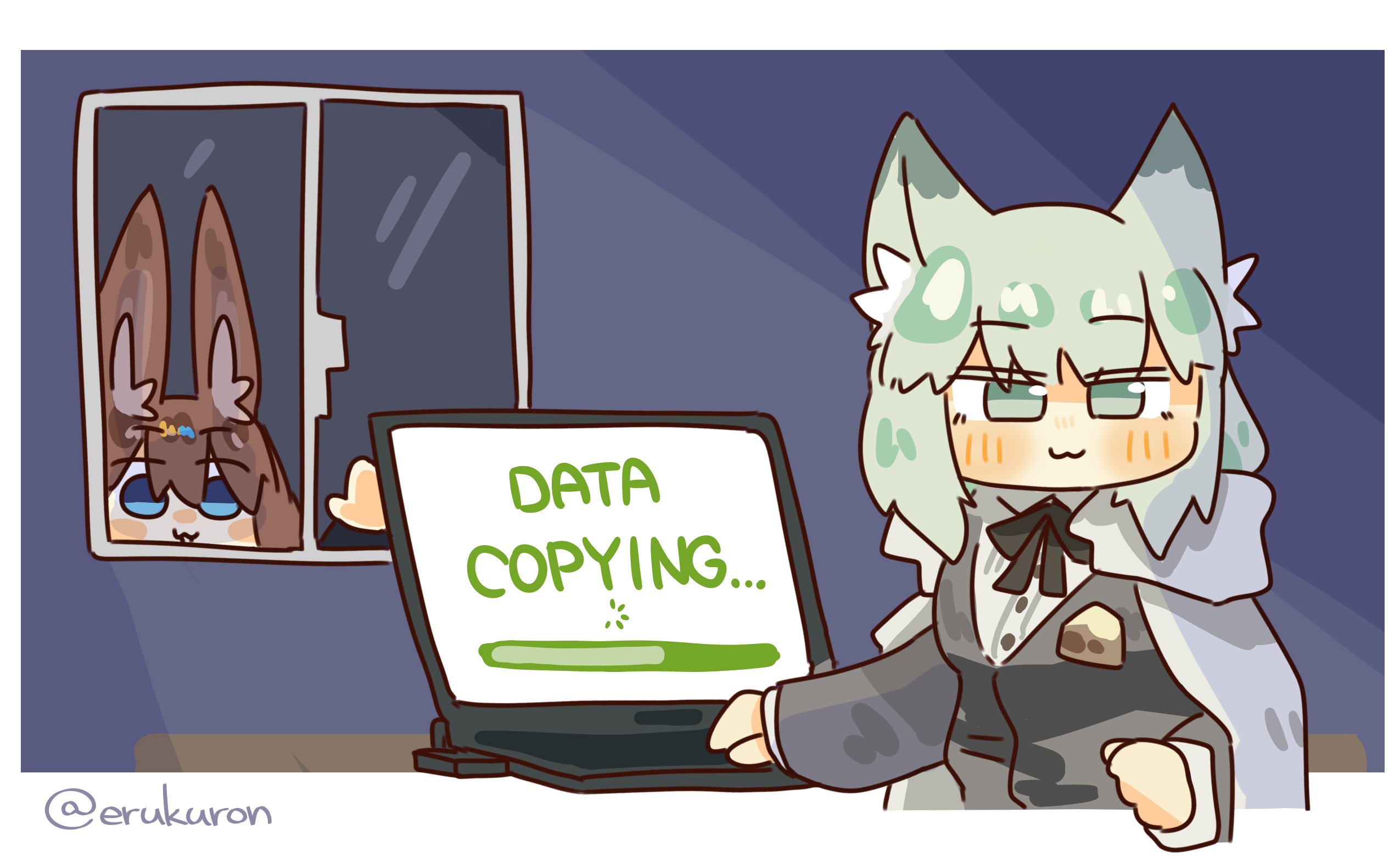 2girls :3 amiya_(arknights) animal_ears arknights cape cat_ears cat_girl computer english_text green_eyes green_hair harmonie_(arknights) highres indoors lcron multiple_girls peeking progress_bar white_cape window