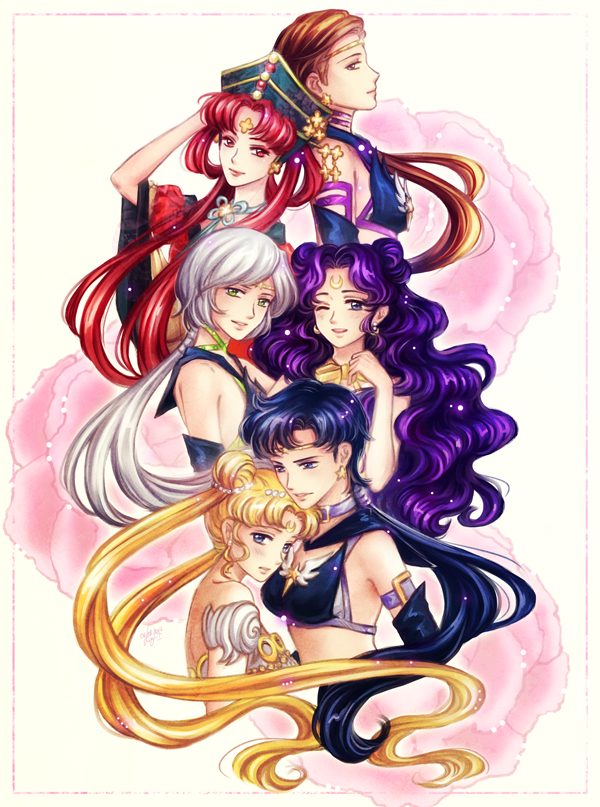 6+girls bare_shoulders bishoujo_senshi_sailor_moon bishoujo_senshi_sailor_moon_sailor_stars bishoujo_senshi_sailor_moon_stars crescent crescent_facial_mark facial_mark floral_background flower hair_rings kay-i long_hair low_ponytail low_twintails luna_(sailor_moon) luna_(sailor_moon)_(human) multiple_girls one_eye_closed ponytail princess_kakyuu princess_serenity profile sailor_star_fighter sailor_star_healer sailor_star_maker seiya_kou taiki_kou tsukino_usagi twintails very_long_hair yaten_kou