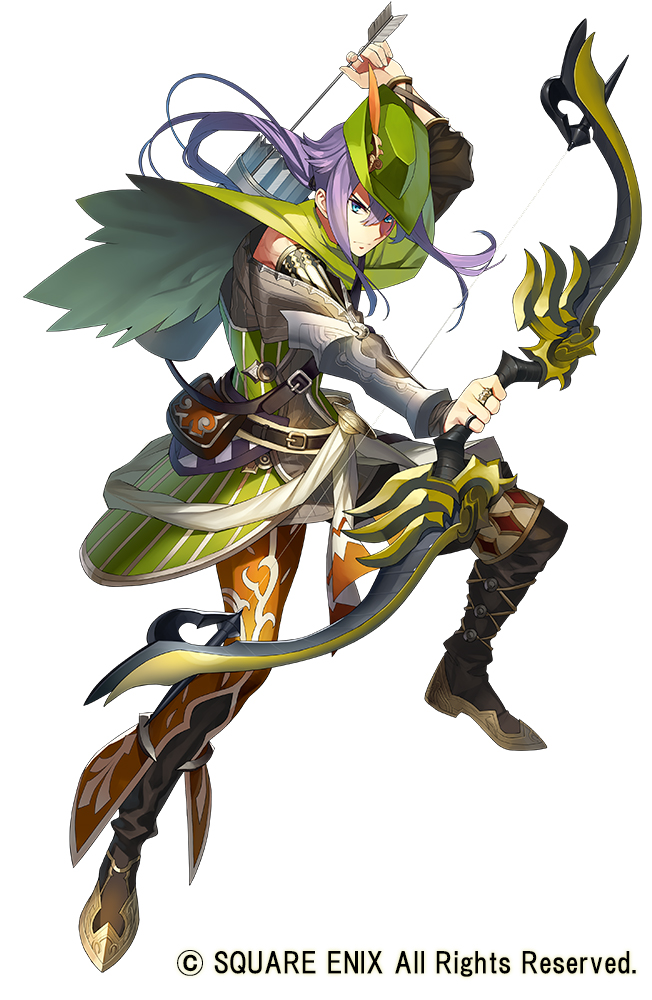 1boy armor blue_eyes bow_(weapon) capelet copyright_notice full_body gaou_(umaiyo_puyoman) grimms_notes hat holding holding_bow_(weapon) holding_weapon jewelry male_focus official_art purple_hair ring robin_hood_(grimms_notes) simple_background weapon white_background