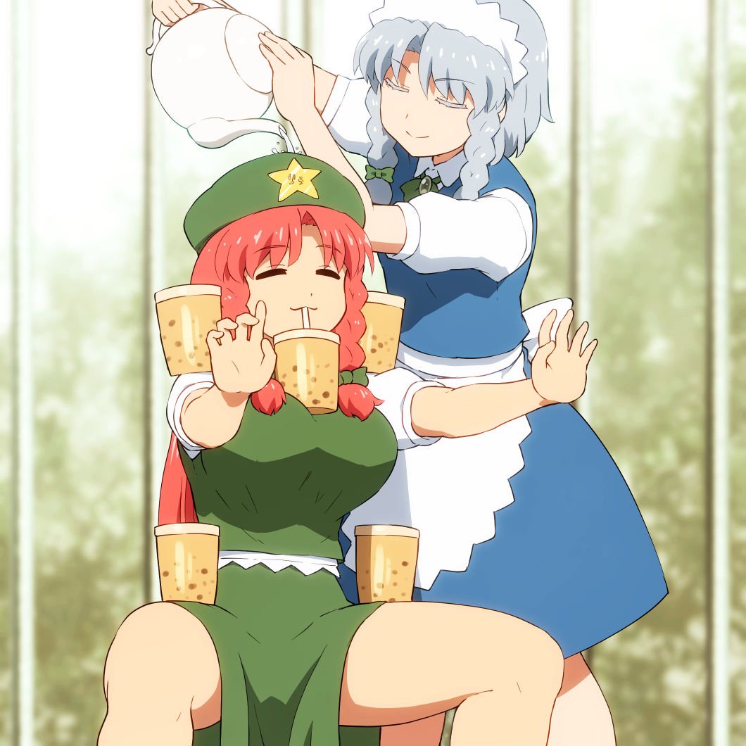 2girls :3 =_= ^_^ apron arms_up balancing beret blue_dress blurry blurry_background bow bowtie braid breasts brooch bubble_tea bubble_tea_challenge china_dress chinese_clothes closed_eyes colored_eyelashes commentary cup dress drinking drunken_master feet_out_of_frame green_bow green_dress green_headwear green_skirt green_vest hair_bow hat holding holding_teapot hong_meiling horse_stance izayoi_sakuya jewelry large_breasts long_hair maid maid_headdress md5_mismatch meme multiple_girls object_on_breast outdoors outstretched_arms parody pouring puffy_short_sleeves puffy_sleeves red_hair revision shirosato shirt short_hair short_sleeves silver_hair sitting skirt skirt_set smile standing star_(symbol) teapot thighs touhou twin_braids vest waist_apron water white_apron white_shirt