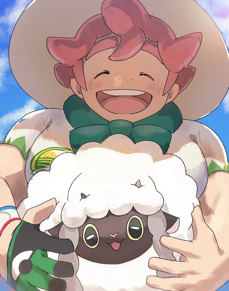 1boy black_gloves blush closed_eyes cloud cloudy_sky commentary_request freckles gen_8_pokemon gloves green_scarf highres holding holding_pokemon looking_at_viewer milo_(pokemon) nintendo open_mouth orange_hair pokemon pokemon_(creature) pokemon_swsh scarf shirt sky smile suna_sand1 white_shirt wooloo