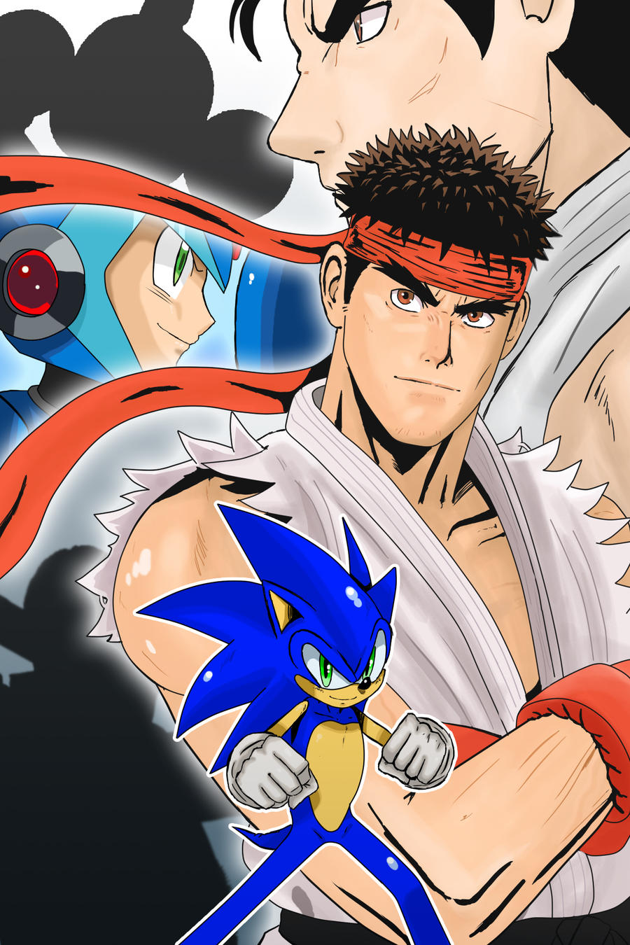 4boys android armor bandana black_hair blue_fur brown_eyes capcom crossed_arms gloves green_eyes helmet highres looking_at_viewer male_focus mega_man_(series) mega_man_x_(series) multiple_boys muscular muscular_male ryu_(street_fighter) sega smile sonic_(series) sonic_the_hedgehog street_fighter v-shaped_eyebrows virtua_fighter x_(mega_man) yuki_akira