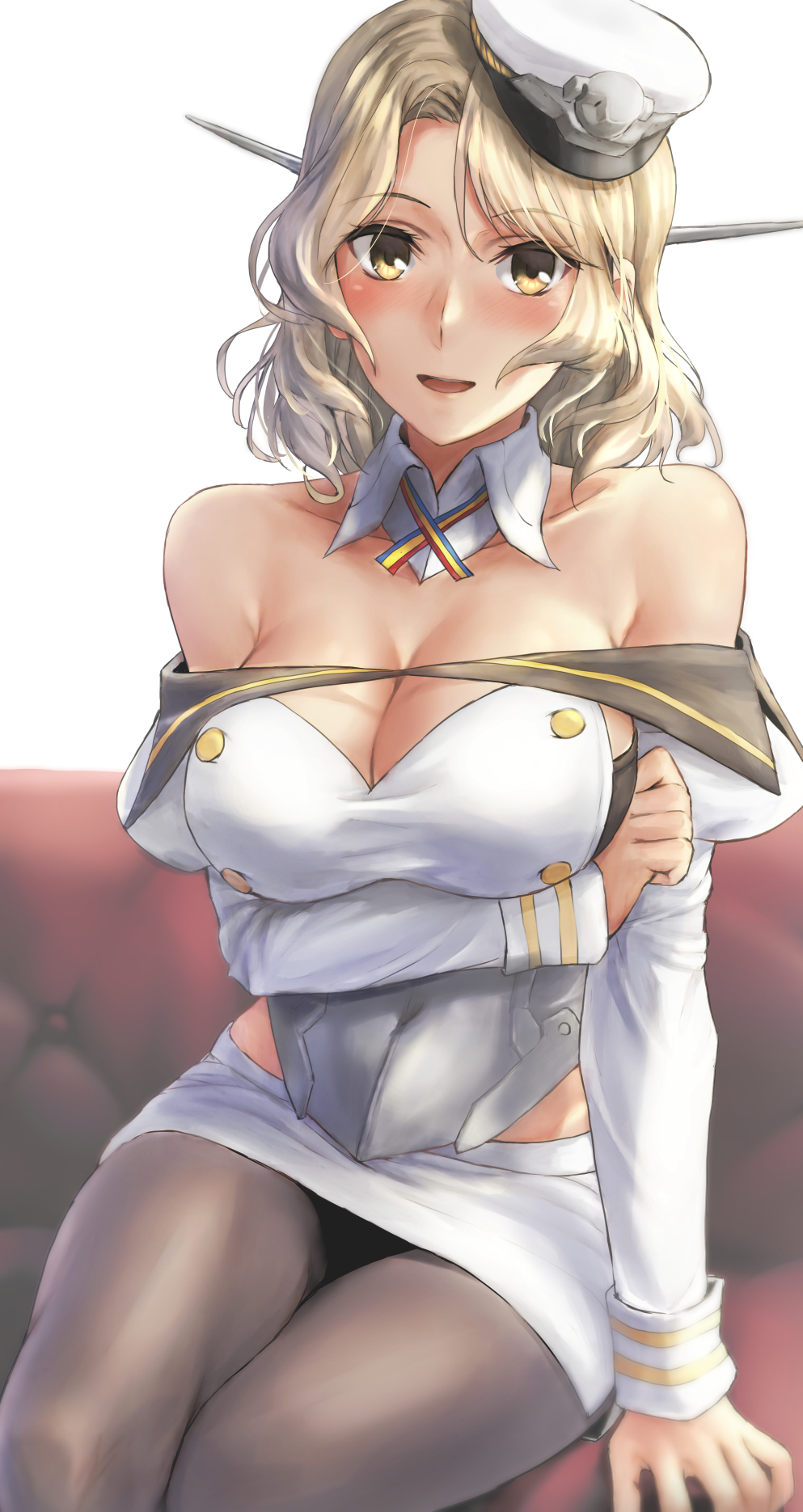 1girl arm_under_breasts bare_shoulders black_pantyhose blonde_hair blue_background blush breasts buttons cleavage closed_mouth collarbone cowboy_shot detached_collar female_focus hair_between_eyes hat headgear highres houston_(kancolle) juliet_sleeves kantai_collection kokuzou large_breasts long_sleeves looking_at_viewer medium_hair off_shoulder pantyhose peaked_cap puffy_sleeves range_finder simple_background sitting skirt solo thighs white_hat white_skirt yellow_eyes
