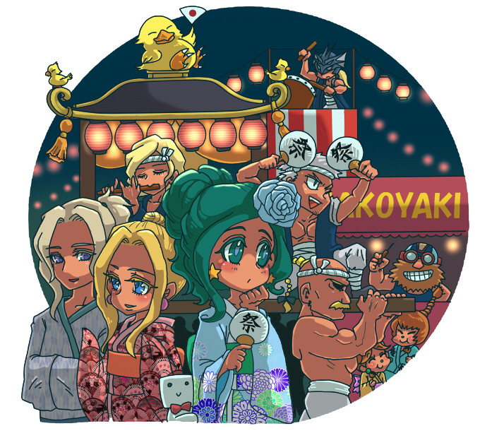 1990s_(style) 3girls 6+boys armor beard blonde_hair brown_hair cain_highwind cecil_harvey chocobo cid_pollendina earrings edward_geraldine closed_eyes facial_hair final_fantasy final_fantasy_iv flower edward_chris_von_muir goggles green_eyes green_hair grey_hair hair_ornament hanamaru_(warasu) headband helmet japanese_clothes jewelry kimono long_hair multiple_boys multiple_girls mustache palom ponytail porom purple_eyes retro_artstyle rosa_farrell rydia_(ff4) short_hair warasu whyt yang_fang_leiden