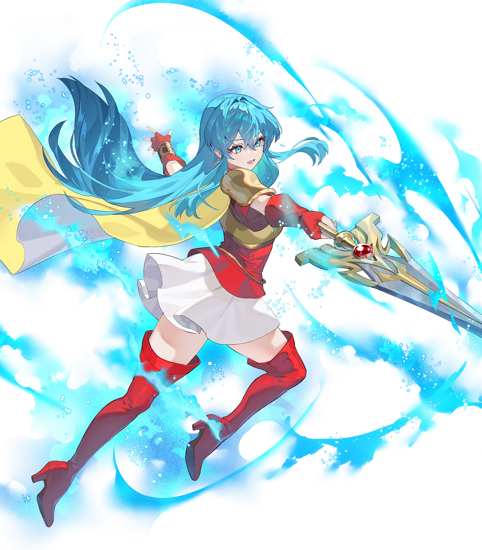 1girl aqua_eyes aqua_hair armor attack aura boots breastplate cape eirika_(emblem)_(fire_emblem) eirika_(fire_emblem) fingerless_gloves fire_emblem fire_emblem_engage fire_emblem_heroes gloves high_heel_boots high_heels highres holding holding_sword holding_weapon long_hair lunge multicolored_cape nintendo non-web_source official_art open_mouth red_gloves shoulder_pads skirt solo sword thigh_boots weapon white_cape white_skirt yellow_cape