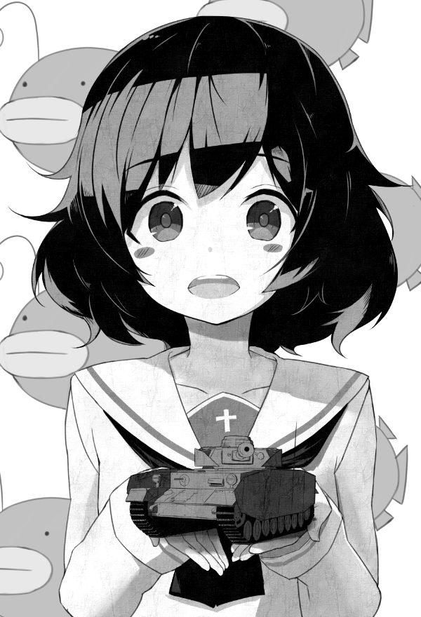 1girl akiyama_yukari anglerfish blouse blush_stickers commentary emblem fish girls_und_panzer greyscale holding long_sleeves looking_at_viewer messy_hair model_tank monochrome neckerchief ooarai_school_uniform open_mouth sailor_collar school_uniform serafuku shirt short_hair smile solo tsuru_(tsubasa1993621) upper_body