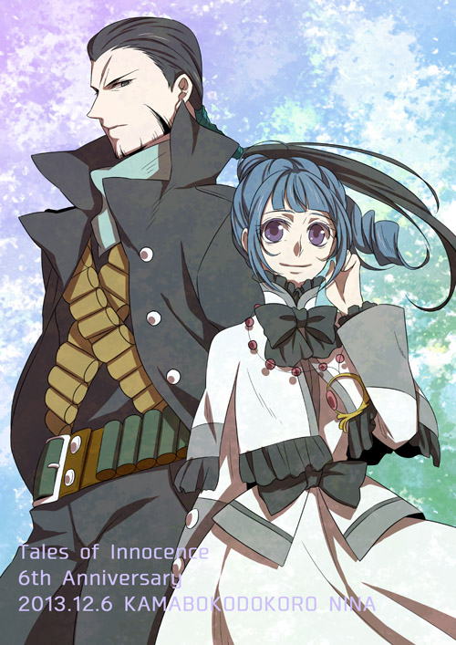 1girl ange_serena beard belt black_eyes black_hair blue_hair capelet coat dress facial_hair frills jewelry long_hair necklace pants ponytail purple_eyes ribbon ricardo_soldato scarfscar smile tales_of_(series) tales_of_innocence