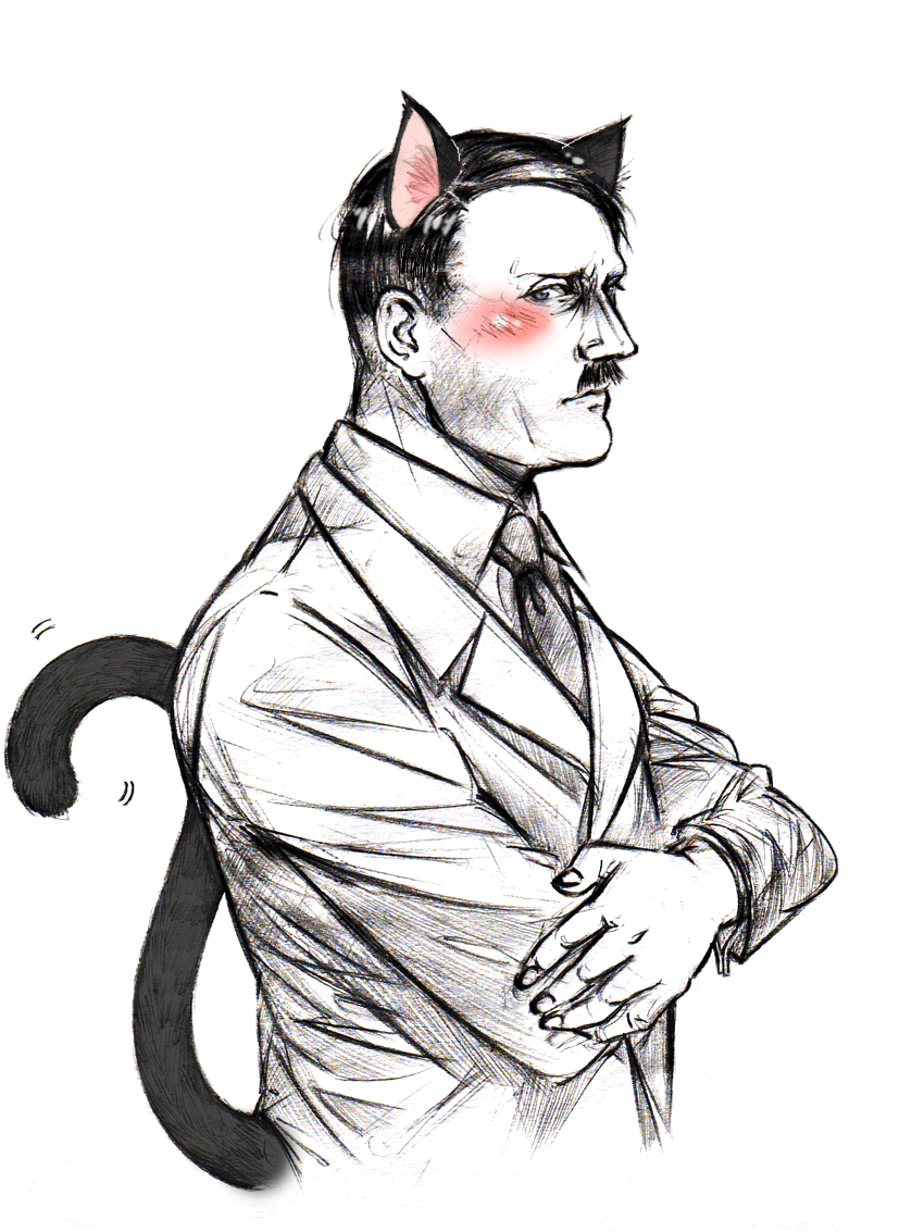 1boy adolf_hitler animal_ears black_hair blue_eyes blush business_suit cat_boy cat_ears cat_tail closed_mouth commentary_request facial_hair formal_clothes kemonomimi_mode ken_shouen long_sleeves looking_at_viewer looking_to_the_side male_focus monochrome mustache necktie real_life short_hair simple_background solo spot_color suit tail toothbrush_mustache upper_body very_short_hair what white_background