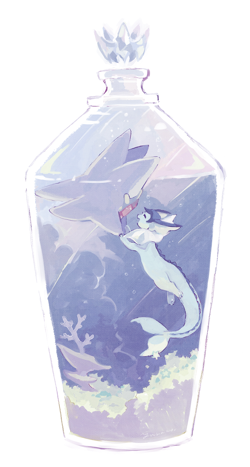 :d ^_^ bottle bubble closed_eyes commentary_request coral fins fish_tail gen_1_pokemon highres minimized nintendo no_humans open_mouth pokemon signature smile starfish starmie tail underwater vaporeon white_background yurano_(upao)
