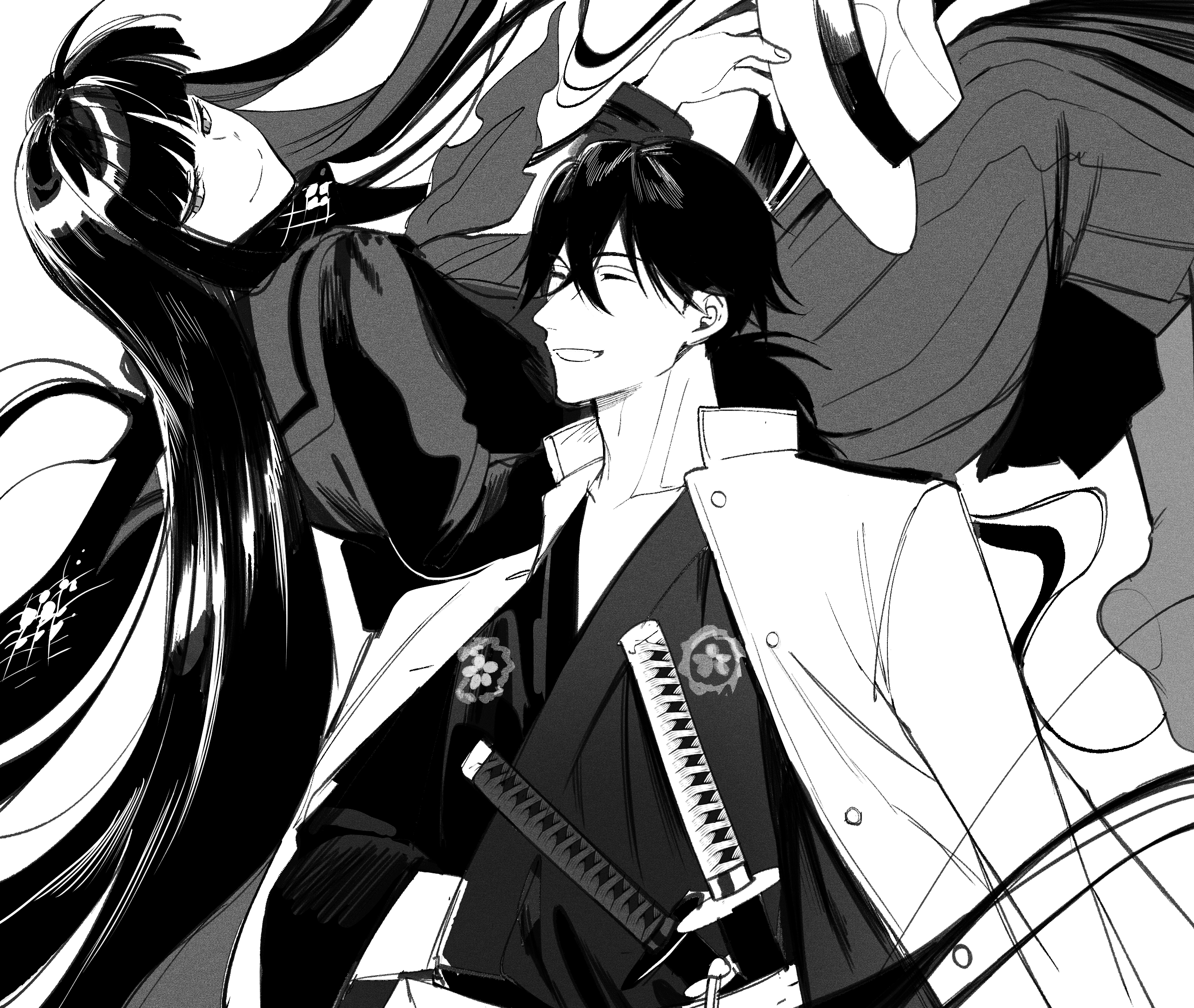1boy 1girl ^_^ closed_eyes commentary_request couple fate/grand_order fate_(series) fedora floating greyscale grin hair_between_eyes hat highres holding holding_unworn_clothes holding_unworn_hat husband_and_wife jacket jacket_on_shoulders japanese_clothes katana kimono koha-ace long_hair long_skirt long_sleeves looking_at_another monochrome oryou_(fate) ponytail ryousuke_(tukr5384) sakamoto_ryouma_(fate) sakamoto_ryouma_(lancer)_(fate) scarf skirt smile sword teeth unworn_hat unworn_headwear very_long_hair weapon wide_sleeves
