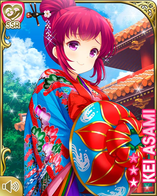 1girl asami_kei blue_sky blush breasts card_(medium) girlfriend_(kari) hair_bun hair_ornament hair_up japanese_clothes jewelry kanzashi kimono light_smile medium_breasts red_hair single_hair_bun sky swept_bangs