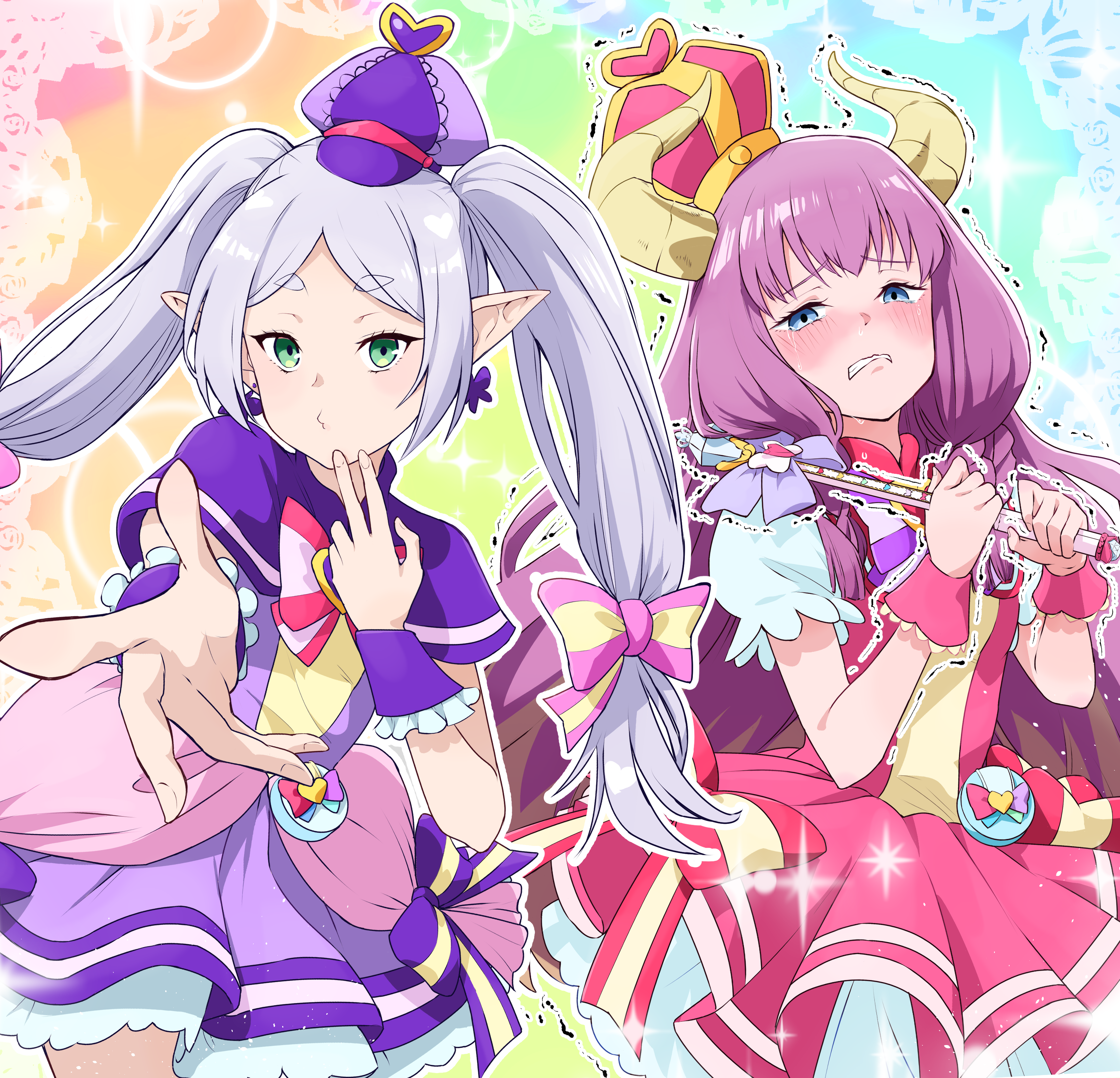 2girls absurdres alternate_costume arched_crown aura_(sousou_no_frieren) aura_bullying_(meme) blowing_kiss blue_eyes blush bow bowtie brooch cape commentary_request cosplay cowboy_shot crown cure_friendy cure_friendy_(cosplay) cure_wonderful cure_wonderful_(cosplay) demon_girl demon_horns dress dress_bow elf friendly_tact frieren frown gradient_background green_eyes grimace hair_bow hair_over_shoulder half-closed_eyes hand_up hands_up heart heart_brooch highres holding holding_wand horns inukai_iroha inukai_komugi jewelry keijirou_(mukunozaltusou) long_hair magical_girl meme multiple_girls o3o outstretched_arm parted_bangs peach_rod petticoat pink_bow pink_crown pink_dress pink_wrist_cuffs pointy_ears pouch precure puffy_short_sleeves puffy_sleeves purple_bow purple_bowtie purple_cape purple_dress purple_hair purple_wrist_cuffs quad_braids rainbow_background red_bow red_bowtie red_dress short_dress short_sleeves sousou_no_frieren standing tanezaki_atsumi tearing_up trembling twintails upper_body wand white_hair wonderful_precure! wrist_cuffs yellow_bow