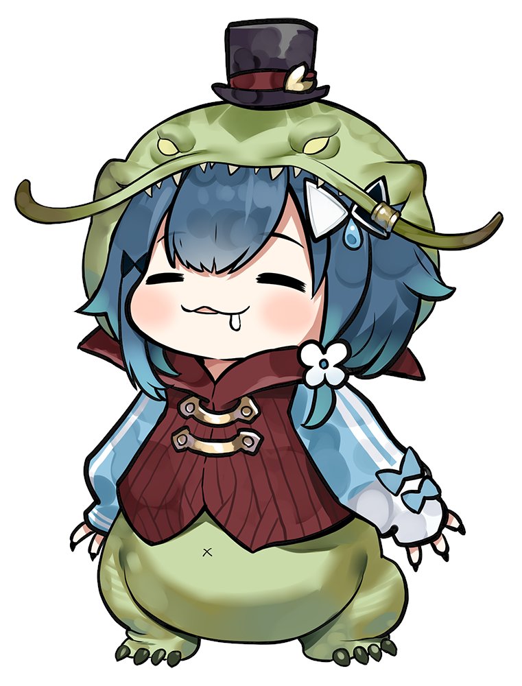 1girl black_hat blue_hair blue_jacket blush brown_vest capriccio chibi closed_eyes cosplay drooling flower full_body hair_blush hair_flower hair_ornament hat hood hood_up jacket league_of_legends long_sleeves mini_hat mini_top_hat parted_lips puffy_long_sleeves puffy_sleeves saliva simple_background sleeves_past_wrists solo tahm_kench tahm_kench_(cosplay) top_hat track_jacket tsumugi_kokage vest virtual_youtuber vspo! white_background white_flower