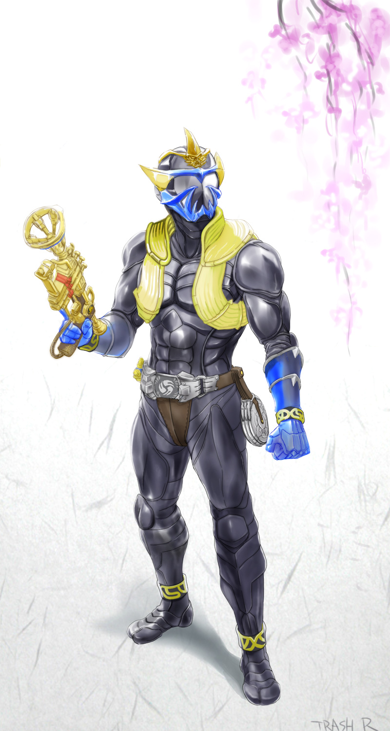 1boy belt full_body gradient_background highres horns huujyu instrument kamen_rider kamen_rider_hibiki_(series) kamen_rider_ibuki male_focus single_horn solo trumpet white_background