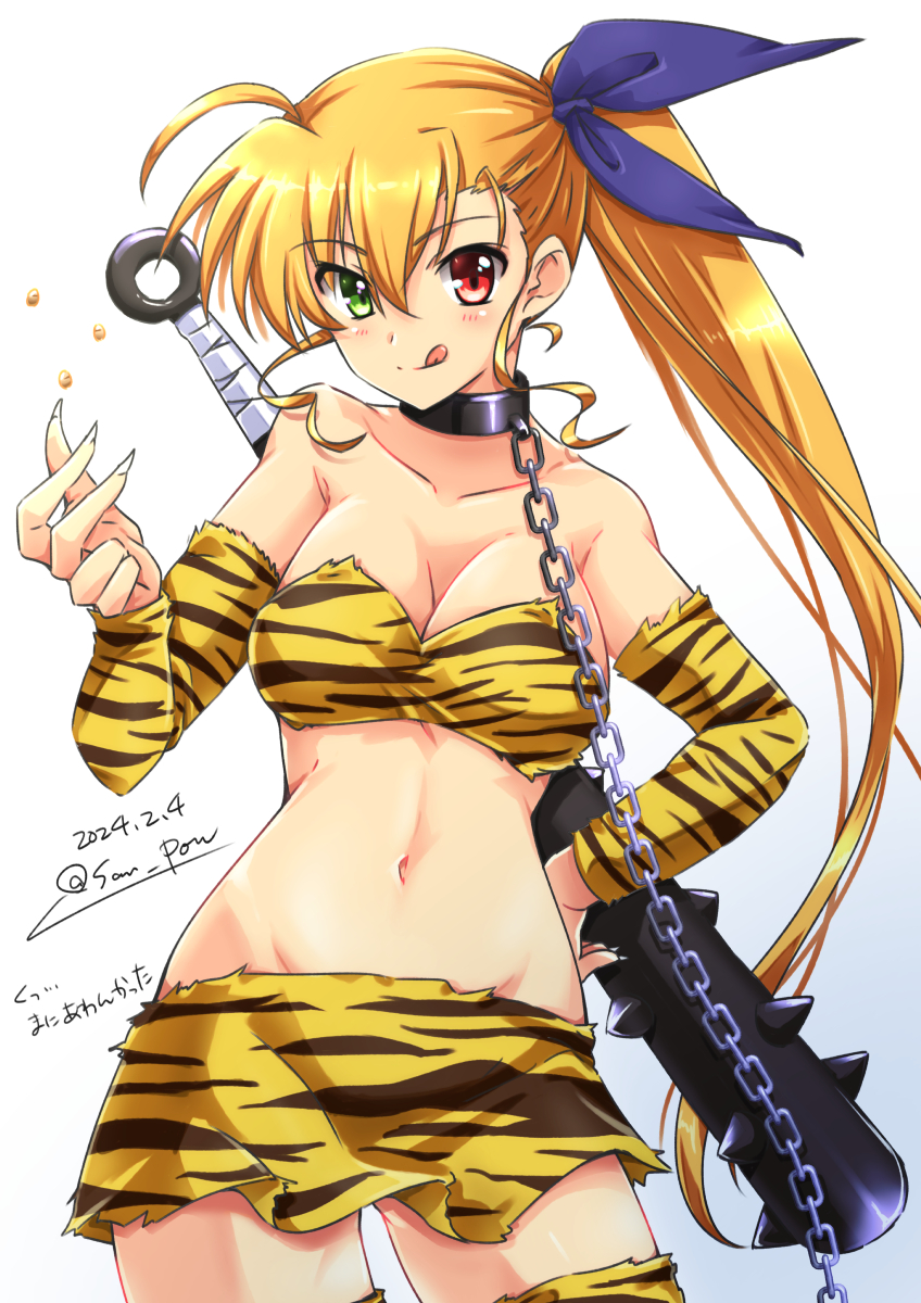 1girl bare_shoulders blonde_hair breasts cleavage detached_sleeves green_eyes heterochromia highres looking_at_viewer lyrical_nanoha mahou_shoujo_lyrical_nanoha_vivid red_eyes san-pon smile solo vivio