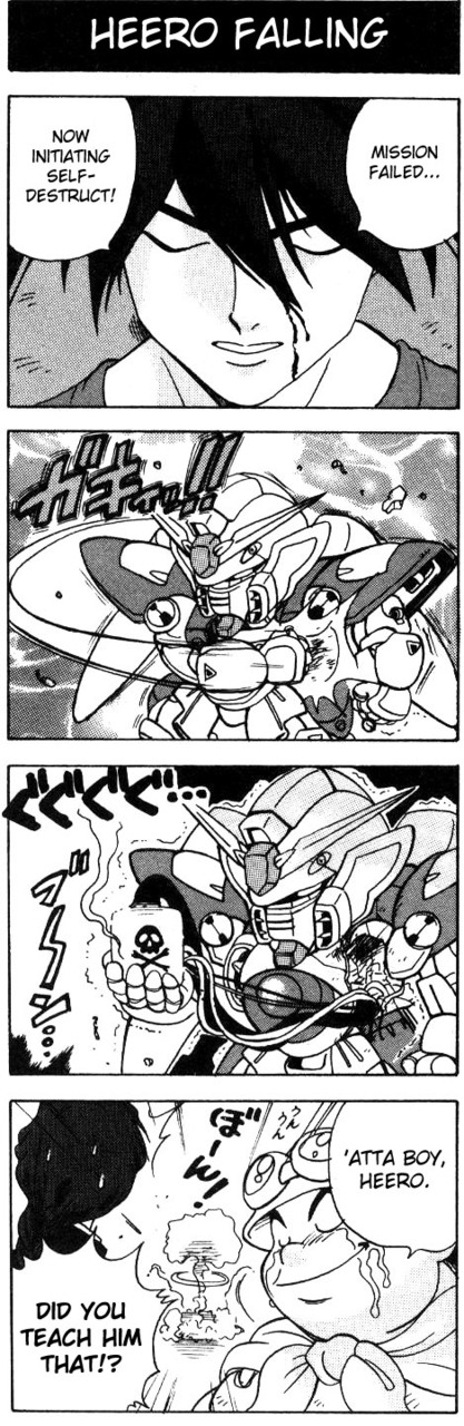 3boys 4koma artist_request chibi comic duo_maxwell english_text closed_eyes getter_robo goggles greyscale gundam gundam_wing hard-translated heero_yuy helmet highres male_focus manly_tears mecha monochrome multiple_boys musashi_tomoe mushroom_cloud parody robot super_robot_wars third-party_edit wing_gundam