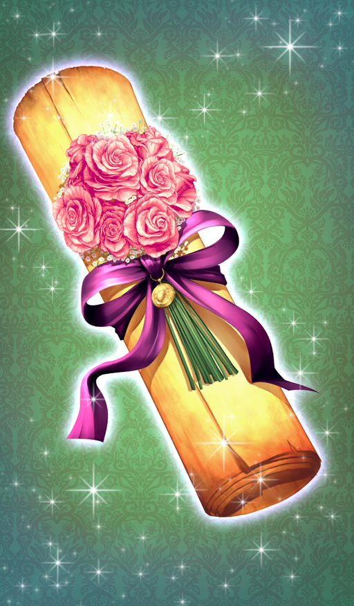 bow commentary fate/grand_order fate_(series) flower glowing green_background hayosena no_humans object_focus official_art pink_flower pink_rose purple_bow purple_ribbon ribbon rose scroll sparkle still_life third-party_source