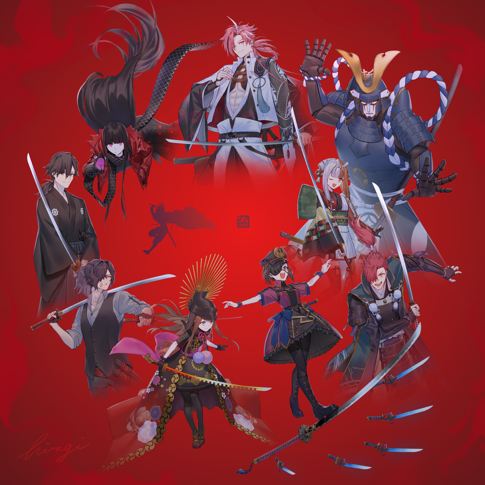 5boys 5girls armor asymmetrical_sleeves bellflower black_gloves black_hair black_hat black_vest blunt_bangs brown_eyes brown_hair camellia_print chacha_(fate) chinese_bellflower cigarette collared_shirt dragon_print dress eyepatch fate/grand_order fate_(series) floating floating_object floating_sword floating_weapon floral_print flower glove_cutout gloves green_kimono grey_eyes hair_ornament hair_over_one_eye hair_ribbon hand_puppet hat helmet hiiragi_(karashriker) holding holding_sword holding_weapon izumo_no_okuni_(fate) izumo_no_okuni_(first_ascension)_(fate) jacket japanese_armor japanese_clothes jewelry jinbaori kabuto_(helmet) katana kimono kirimon_(paulownia) long_hair long_sleeves looking_at_viewer low_ponytail monohoshizao_(fate) mori_nagayoshi_(fate) mori_nagayoshi_(second_ascension)_(fate) multicolored_hair multicolored_kimono multiple_boys multiple_girls mysterious_ranmaru_x_(fate) nagatekkou ningen_mukotsu_(fate) oda_nobunaga_(fate) okada_izou_(fate) okada_izou_(i&#039;m_one_dapping_fella)_(fate) one_eye_closed open_mouth oryou_(fate) oryou_(lancer)_(fate) pantyhose peaked_cap pectoral_cleavage pectorals ponytail puppet purple_dress red_eyes red_hair red_kimono ribbon rope_belt sakamoto_clan_(emblem) sakamoto_ryouma_(fate) sakamoto_ryouma_(lancer)_(fate) scale_print sharp_teeth shirt short_hair short_kimono short_sleeves smile smoking split-color_hair standing_on_sword streaked_hair sword takasugi_shinsaku_(fate) teeth thighhighs thighs toned toned_male two-tone_hair two-tone_kimono underpec vest weapon white_jacket wide_sleeves wrist_cuffs yellow_eyes zanzaburou_(fate)
