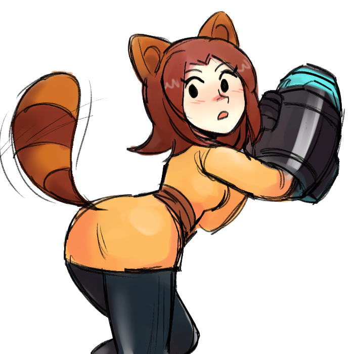 1girl animal_ears arm_cannon ass belt black_eyes black_leggings blush breasts brown_belt brown_hair commentary dress english_commentary flipped_hair hands_up leaning_forward leggings looking_back mii_(nintendo) mii_gunner mii_gunner_(smash_4) nintendo open_mouth orange_dress parted_bangs pie_(aipiepo) raccoon_ears raccoon_tail shiny_clothes shiny_legwear short_dress simple_background sketch solo super_leaf_(transformation) super_smash_bros. tail weapon white_background