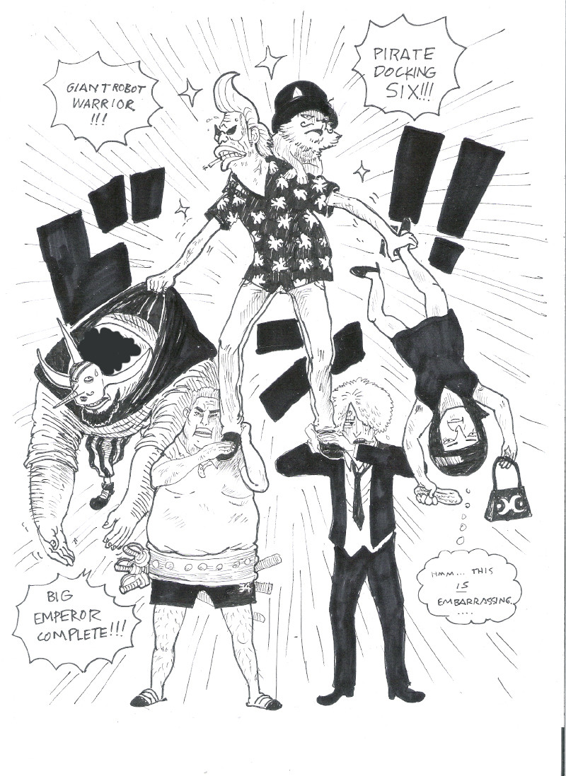 1girl 4boys animal artist_request bag cigarette cocoa_(one_piece) cosplay cucumber drip_(one_piece) english_text fake_strawhat_crew fat fat_man fox franky_(one_piece) franky_(one_piece)_(cosplay) greyscale handbag leg_grab manjaro mask monochrome mounblutain multiple_boys nico_robin nico_robin_(cosplay) nora_gitsune one_piece parody roronoa_zoro roronoa_zoro_(cosplay) sanji_(one_piece) sanji_(one_piece)_(cosplay) sogeking sunglasses sword tony_tony_chopper tony_tony_chopper_(cosplay) turco usopp usopp_(cosplay) weapon