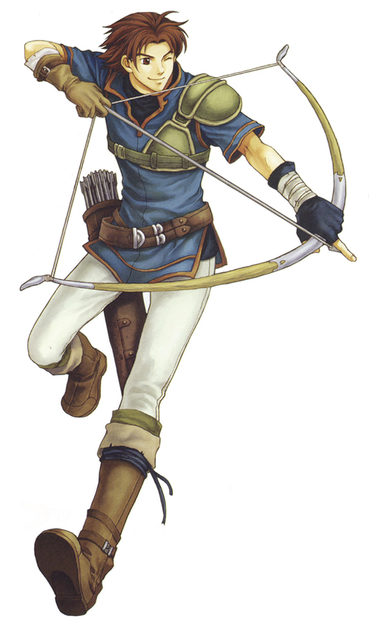 1boy boots bow_(weapon) brown_eyes brown_hair fire_emblem fire_emblem:_the_blazing_blade full_body gloves highres izuka_daisuke male_focus nintendo one_eye_closed solo weapon white_background wil_(fire_emblem)