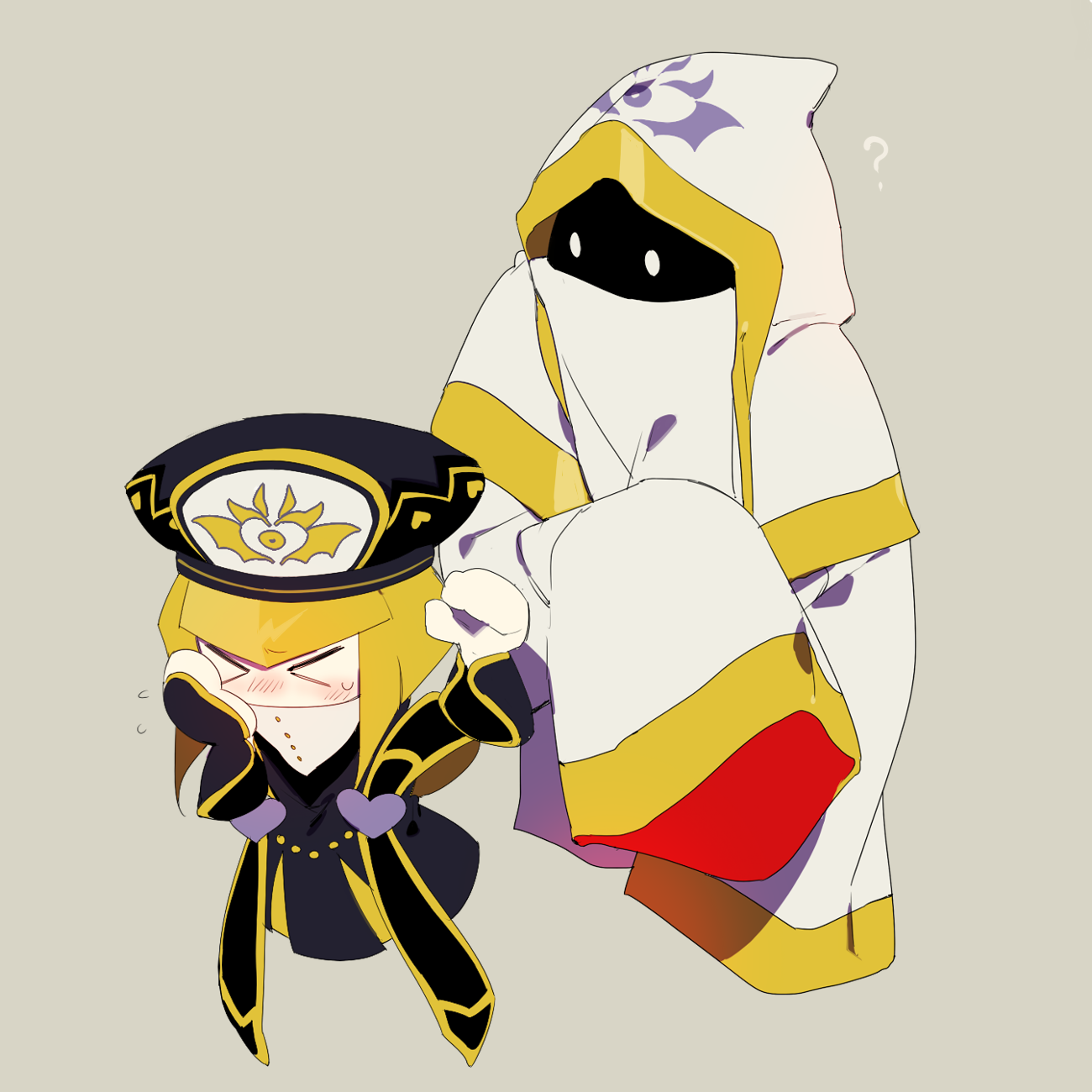 >_< 1boy 1girl ? beret black_bridal_gauntlets black_hat black_robe blonde_hair blunt_bangs blunt_ends blush bob_cut bridal_gauntlets covered_mouth detached_hood embarrassed flying_sweatdrops full_body grey_background hand_on_own_face hat heart heart_print higa423 highres hood hood_up hyness kirby_(series) long_sleeves looking_at_another mouth_veil nintendo rayman_limbs robe short_hair simple_background sleeves_past_fingers sleeves_past_wrists solid_circle_eyes stole veil white_eyes white_hood white_robe white_veil yellow_trim zan_partizanne