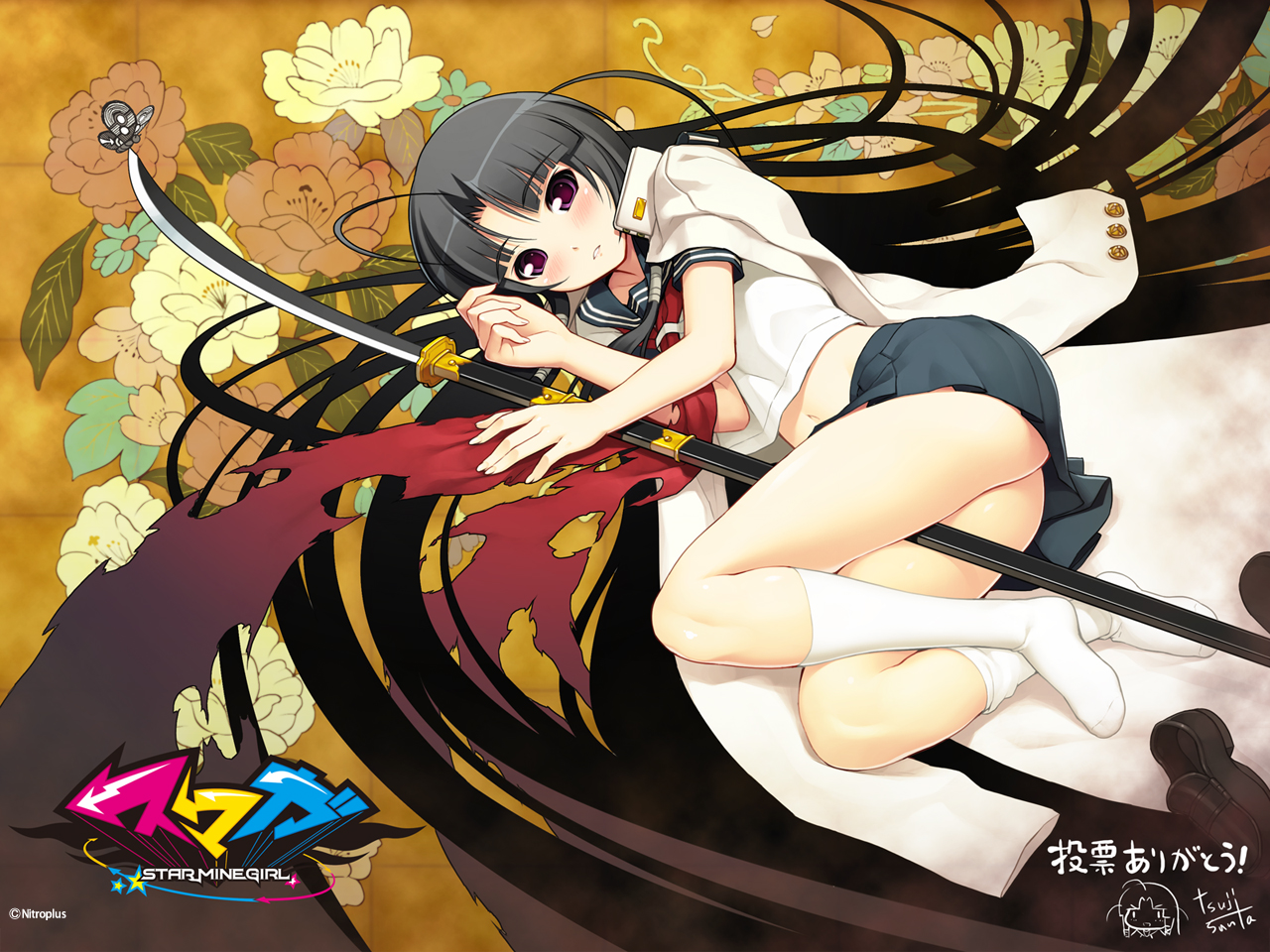 ahoge antenna_hair black_hair blush bug butterfly chibi chibi_inset copyright_name flower insect jacket kneehighs long_hair naginata nitroplus official_art official_wallpaper oki_kiki polearm purple_eyes school_uniform socks solo sumaga thighs tsuji_santa very_long_hair weapon white_socks